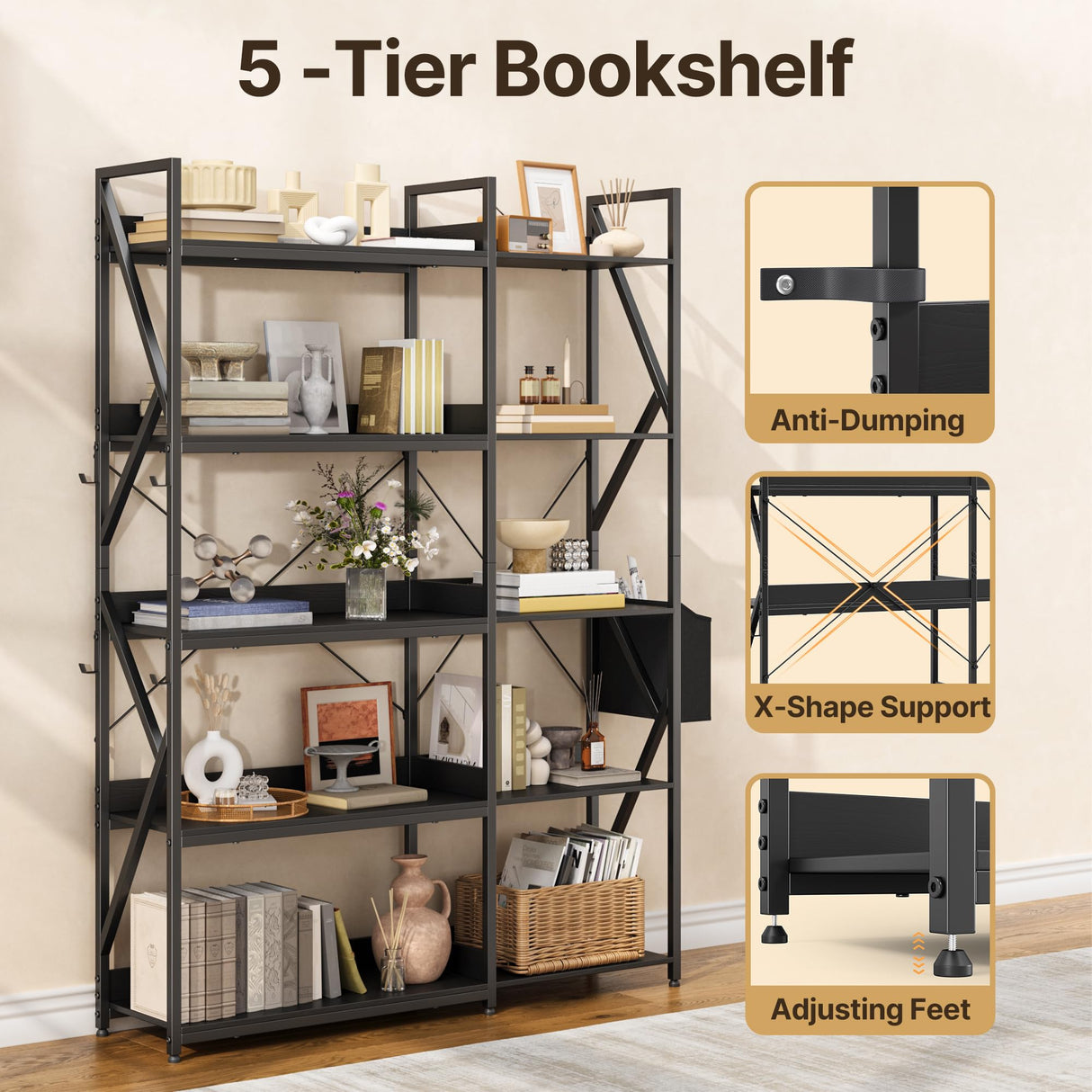 Gizoon 5 Tier Industrial Bookshelf, 65" H Reversible Corner Bookshelf, Bookcase, Freestanding Display Shelf, with 4 Hooks, a Storage Basket, Metal Frame, for Living Room, Kitchen, Office, Black Gizoon
