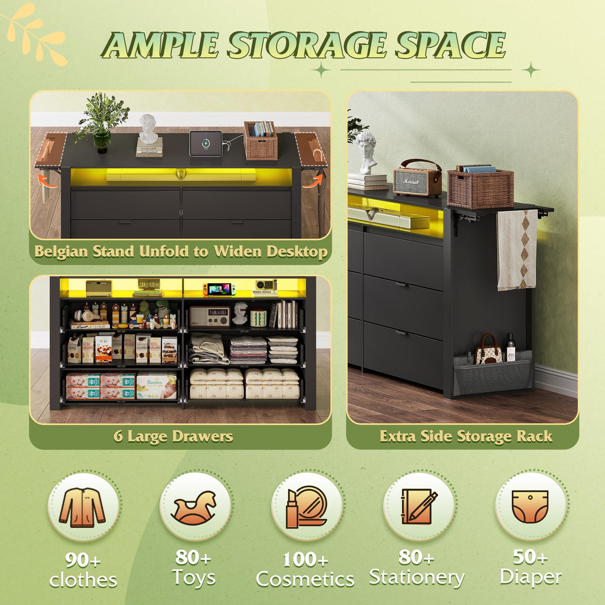 WLIVE 78 Inch Dresser for Bedroom, Large Chest of Drawers Expandable Black Wood Dresser from 5'3" to 6'5'' with Flexible Shelves and Hanging Rack, Led Dressers for Living Room (85'' TV) WLIVE