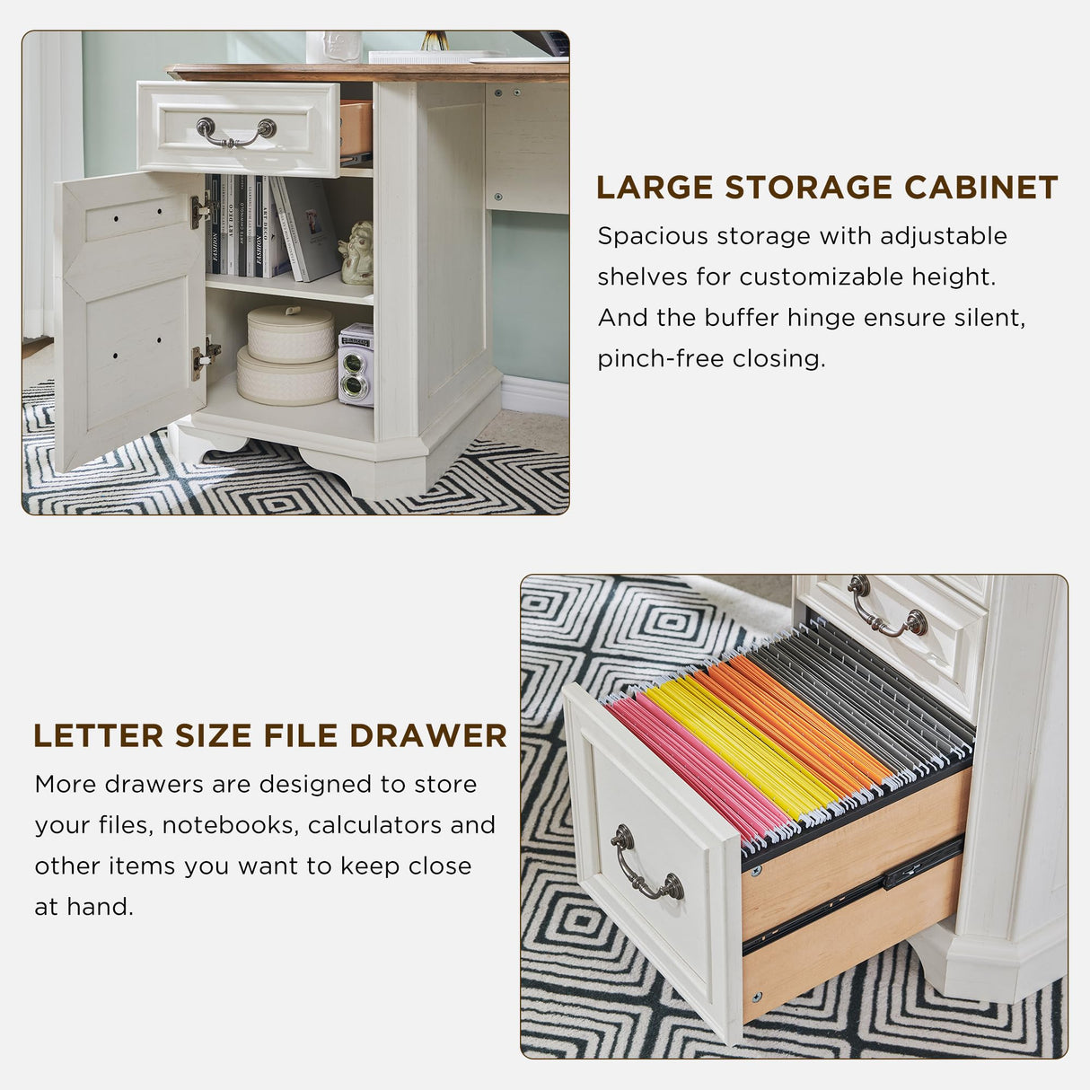 T4TREAM 59" L Shaped Executive Desk with Hutch,Farmhouse Wood Computer Desk, Featuring Charging Station,File Drawer, Storage Cabinet,for Home Office Work and Study (Antique White) T4TREAM