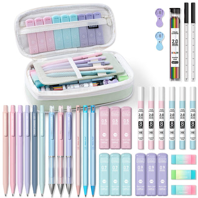 Four Candies 36PCS Aesthetic School Supplies, Mechanical Pencil Set 0.5mm, 0.7mm, 0.9mm & 2.0mm with 624 Lead Refills, Back to School Supplies for Writing & Drawing, Ideal Stationary Set Gift (Green)