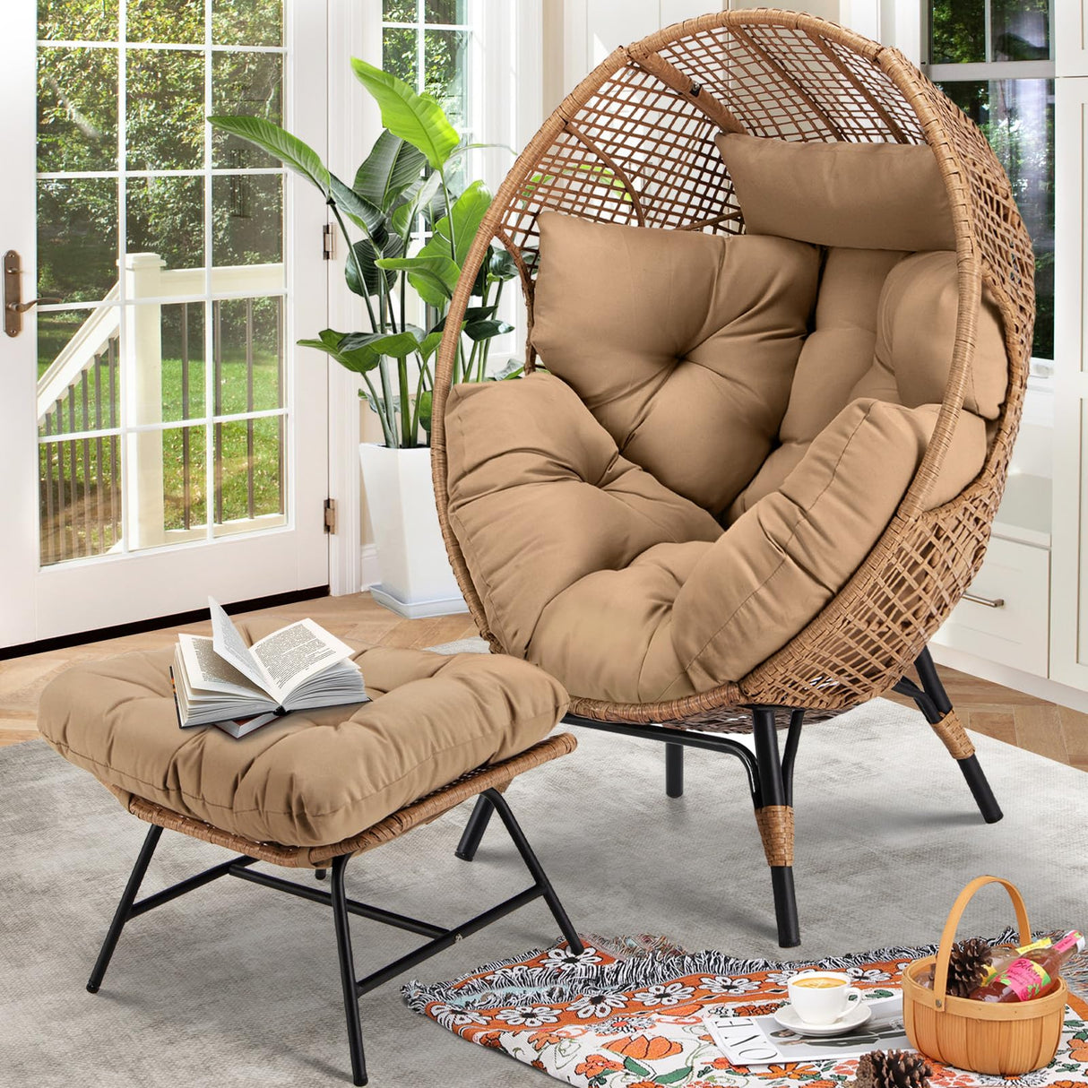 RADIATA Egg Chair with Footrest, Wicker Patio Lounger with Ottoman, Oversized Rattan Egg Shaped Chair with Leg for Indoor Outdoor Patio Balcony Garden (Nature) RADIATA