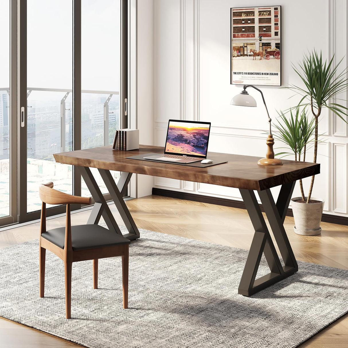SXXjiaju Solid Wood Computer Desk-55 inch Industrial Natural Wood Office Desk,Heavy Duty Real Wood Study Table,Solid Wooden and Metal Modern Simple SXXjiaju