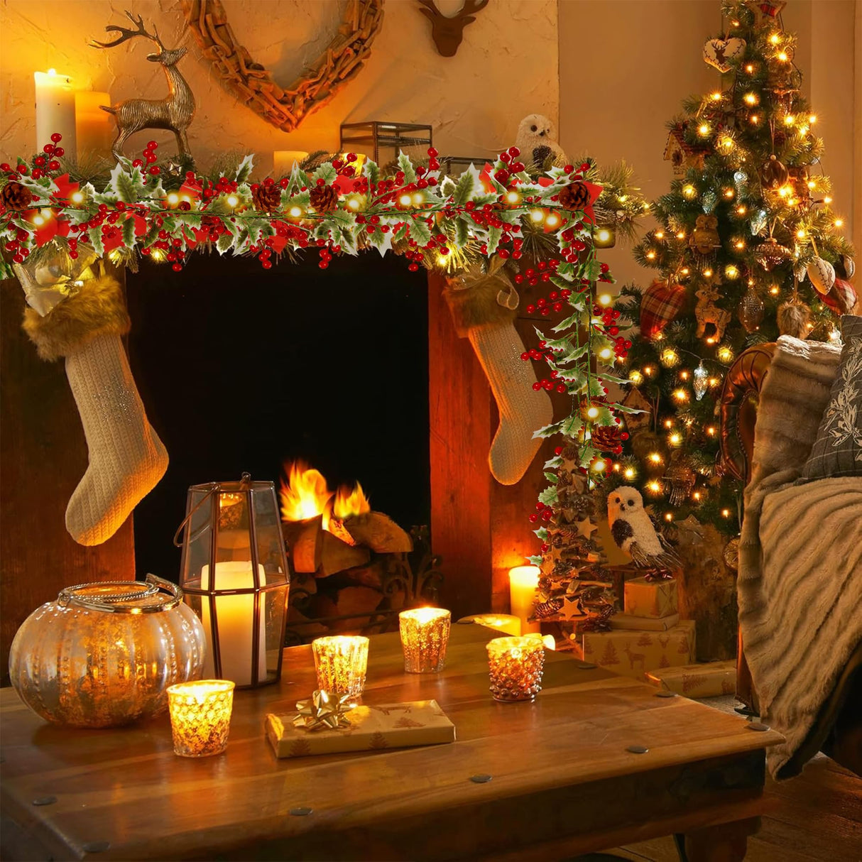 Sggvecsy Christmas Garland Red Berry Garland with Red Berries Lighted Holly Leaves Garlands Artificial Christmas Green Leaves Garland Battery Operated for Xmas Indoor Home Winter Holiday Decoration Sggvecsy