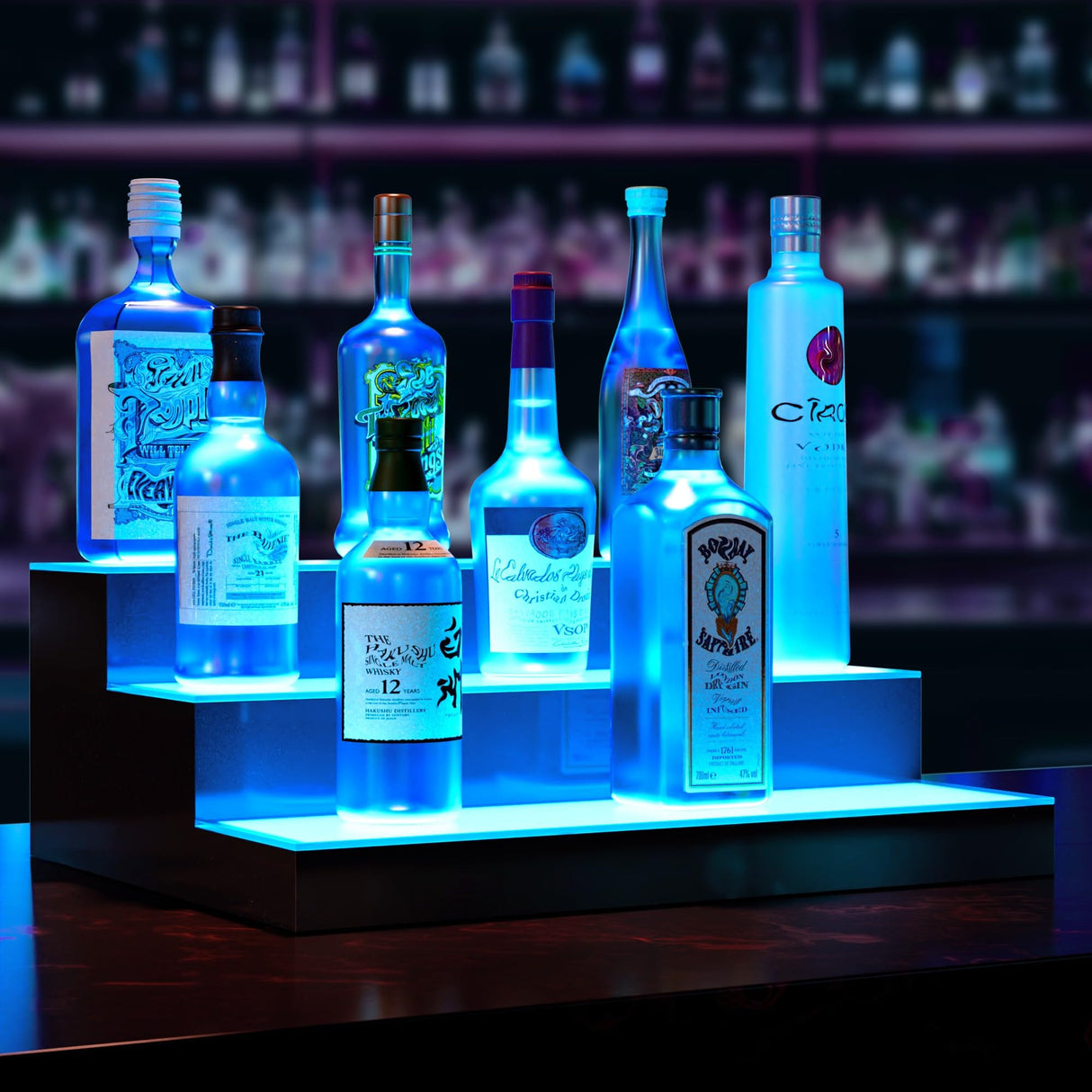 Boss Premium® BarUSA™ LED Lighted Bar Shelf Display Liquor Bottle Alcohol Whiskey Shelves Rack Stand Tray Units for Home Bar Living Room Accessories and Decor - Designed in USA (3-Step, 16 Inch) Boss Premium
