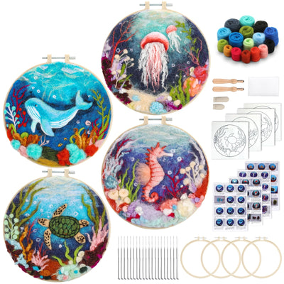 Fedmut Needle Felting Kit, Wool Felting Kit for Beginners Adult with Wool, Needles, Foam Pad, Felt Cloth and Instructions – 4 Set Sea Animals Painting Frame for Great Gift Decoration