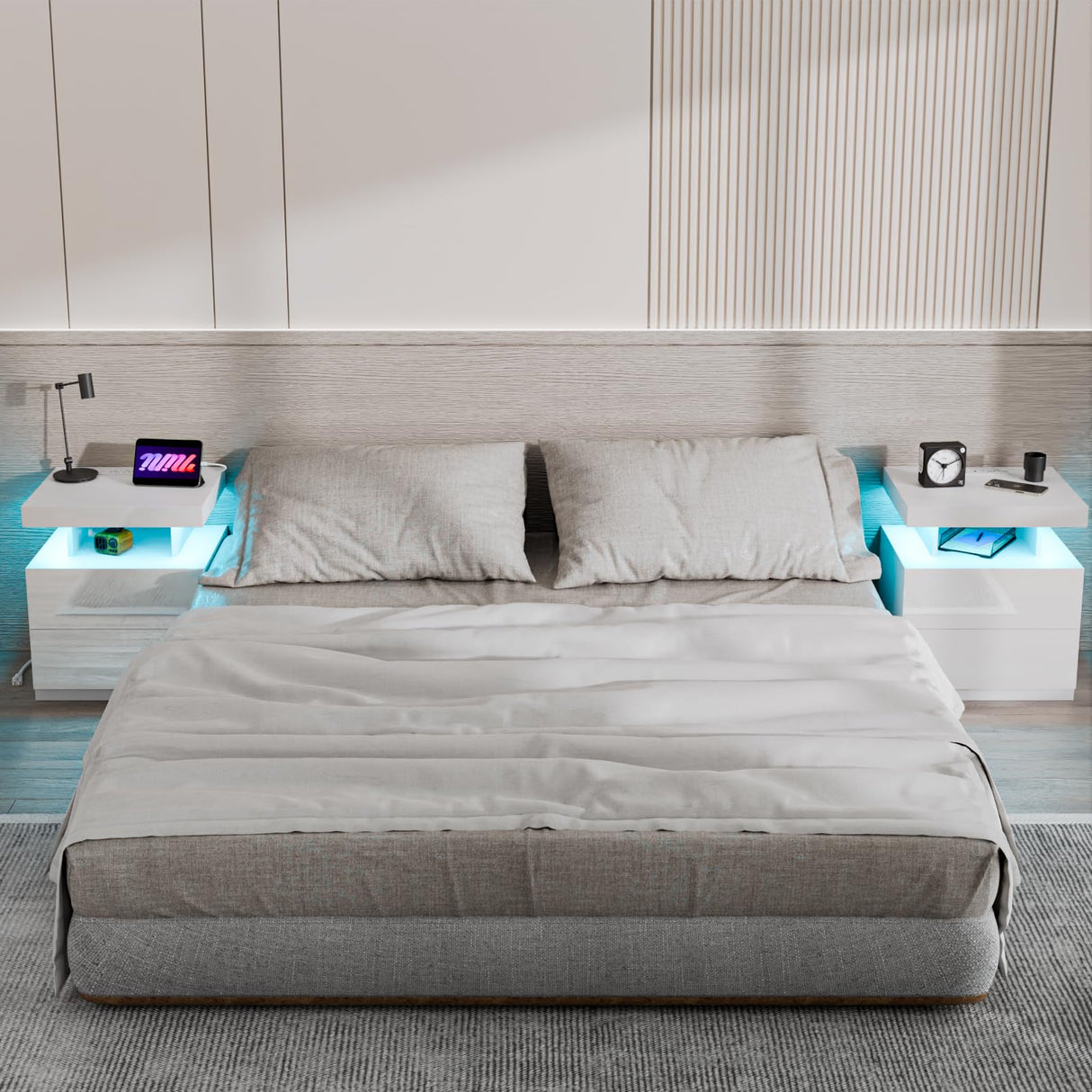 HOMMPA LED Nightstand with Wireless Charging Station & USB Ports High Gloss Bedside Table with LED Light RGB Adjustable Brightness Smart Nightstand 2 Drawers Night Stand for Bedroom White HOMMPA