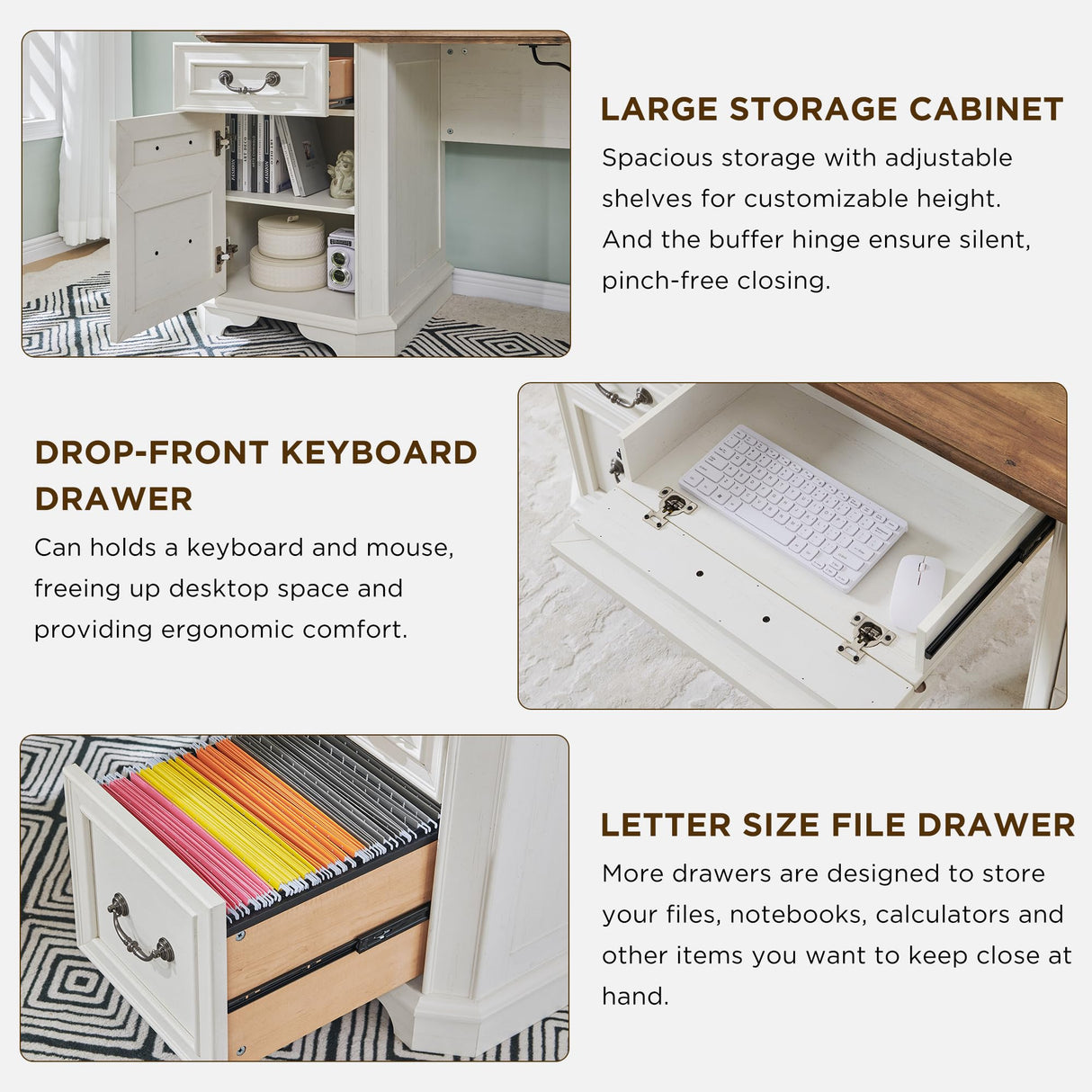 T4TREAM 59" Farmhouse Executive Desk with Hutch,Wood Home Office Computer Desk, Featuring Keyboard Tray,Charging Station,File Drawer, Storage Cabinet,for Work and Study (Antique White) T4TREAM