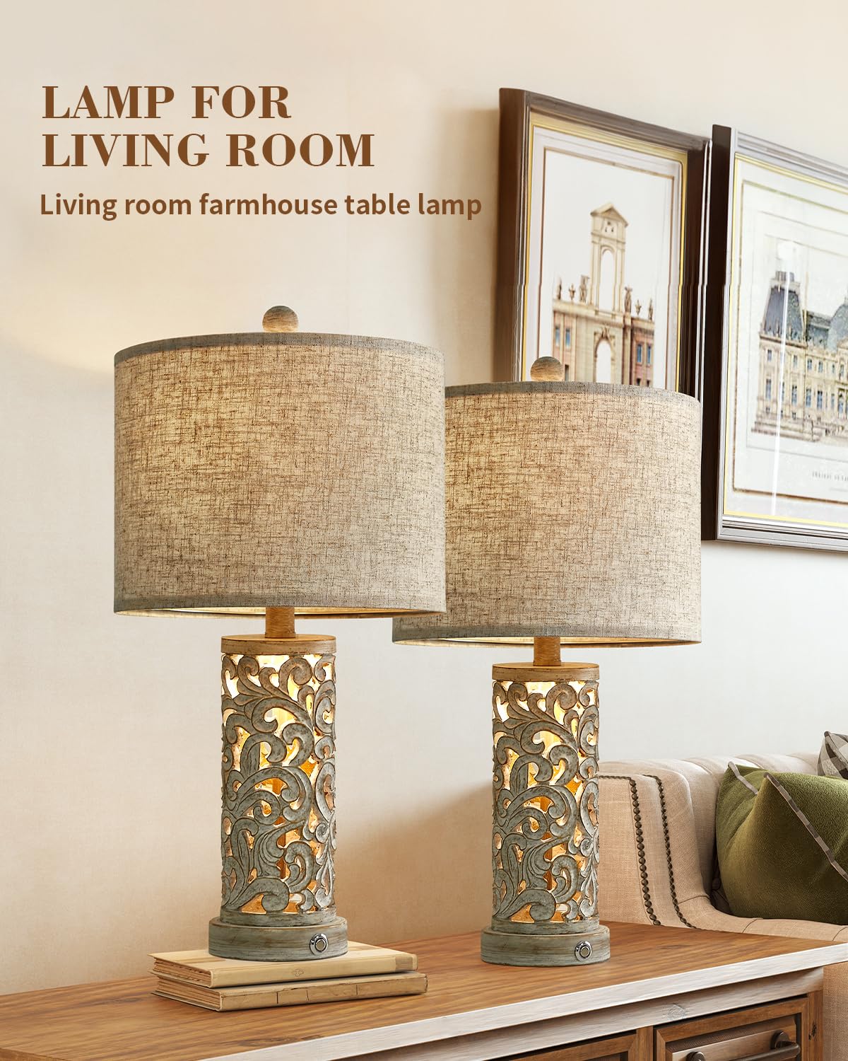 OYEARS 3-Way Dimmable 22'' USB A+C Touch Control Table Lamp Set of 2 with Nightlight for Living Room Bedroom Farmhouse Bedside Nightstand Lamps (Bulb Included) OYEARS