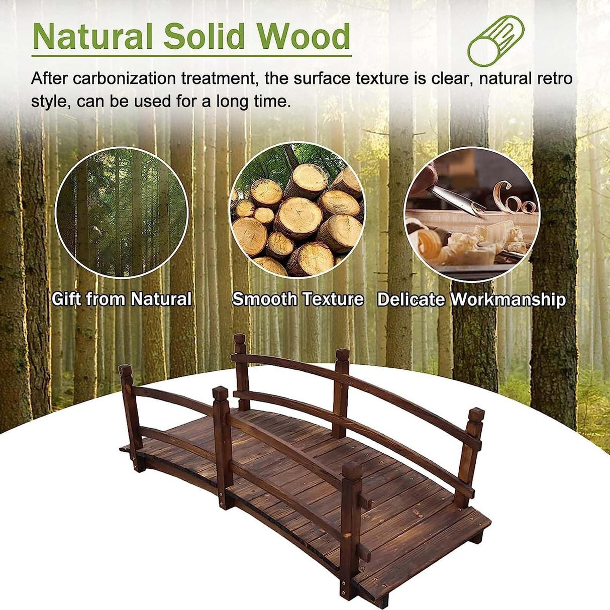 4.6ft Long Garden Decor Outdoor Bridge, Classic Wooden Arched Footbridge, for Fish Pound/Creek Bed/Farm, Easy to Install WoodArtSupply