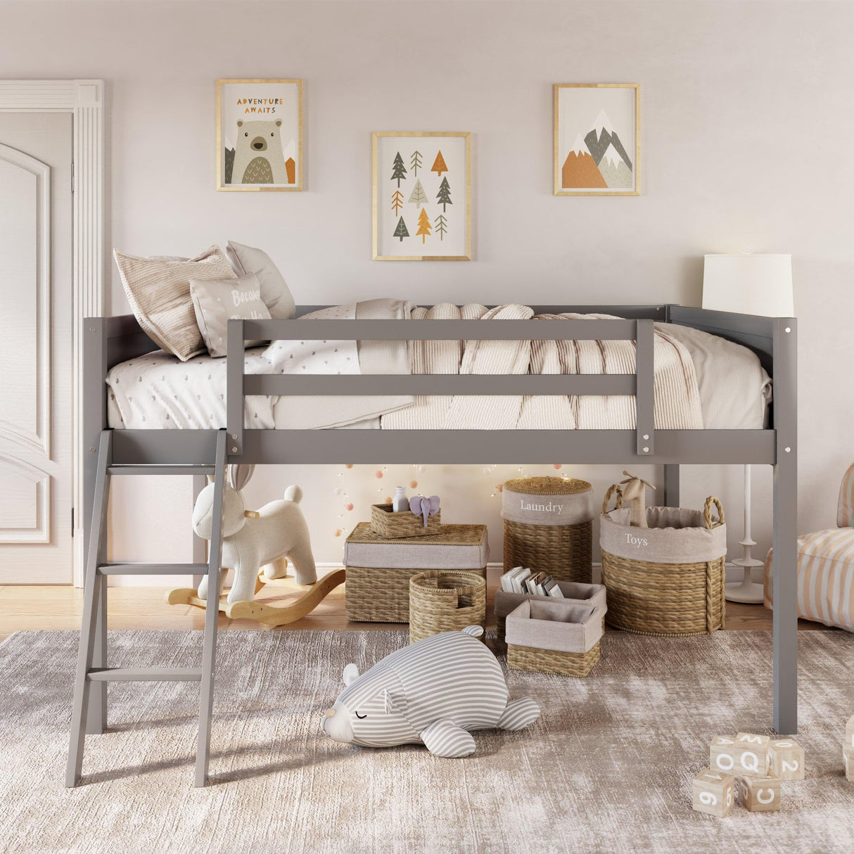 Merax Grey Low Loft Bed with Convertible Ladder and Full Guardrail, No Box Spring Needed Merax