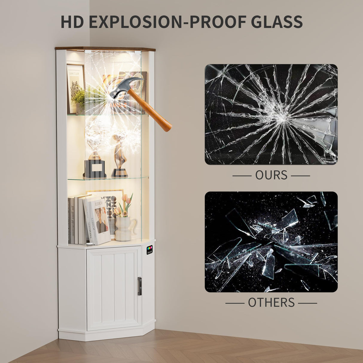 HNEBC 69" Tall Curio Display Cabinet with Glass Door and Movable Shelves,Corner Bookcase with LED Human Sensor Lights,5-Tier RGB Display Case for Collectibles,Bedroom Living Room HNEBC