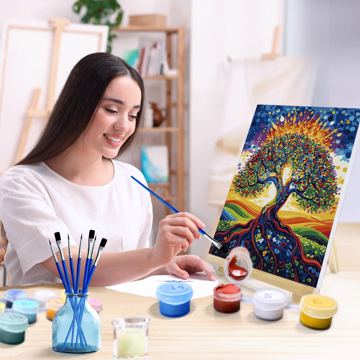 JOOZ 4 Pack Framed Paint by Numbers Kit for Adults, Flowers Paint by Number with Easel, DIY Tree of Life Adult Paint by Number Kits on Canvas Framed, Floral Oil Painting Kit for Home Decor 8x12 Inch JOOZ