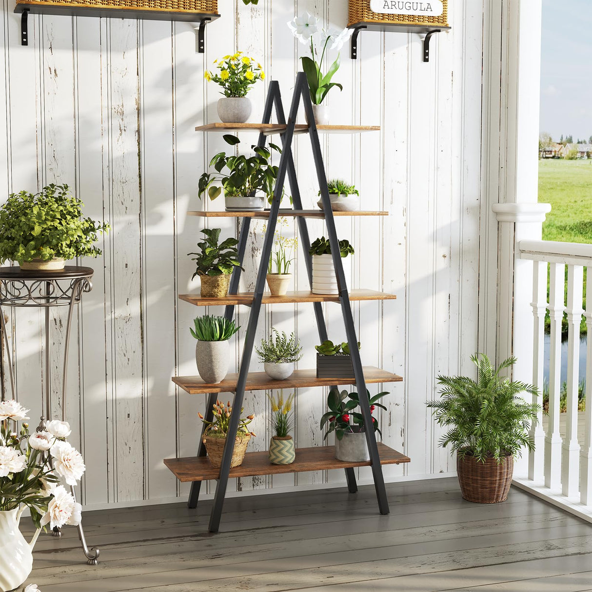 YOUDENOVA 5-Tier Ladder Bookshelf, Industrial A-Shaped Bookcase, Christmas Village Display Stand, Tall Ladder Shelf Storage Organizer for Living Room, Home Office, Black YOUDENOVA