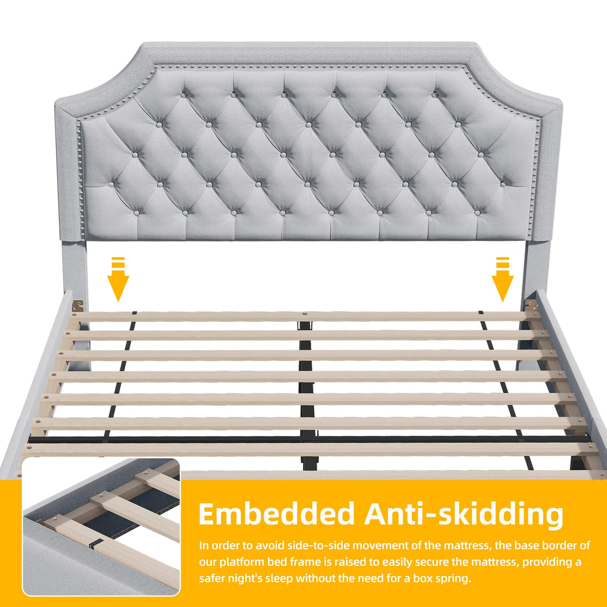 DWVO Full Bed Frame with Headboard, Grey Linen Upholstered Platform Bed Frame with Adjustable Nail Headboard, 12'' Under-Bed Storage Low Profile Bed Frame No Box Spring Needed Hold up to 800lbs DWVO