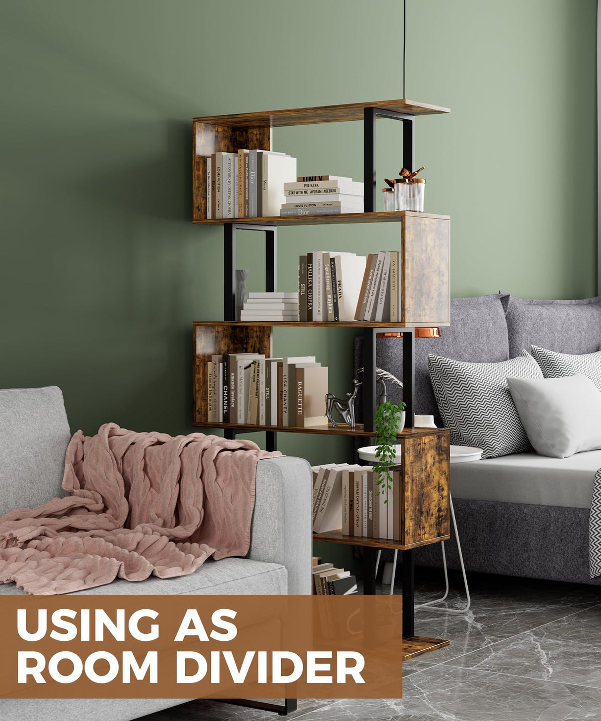 Gadroad 5-Tier Geometric Bookcase,S Shaped Bookshelf, Wood Decorative Storage Shelving, Modern Freestanding Display Shelves, Tall Book Shelf Unit for Living Room Bedroom, Rustic Brown Gadroad