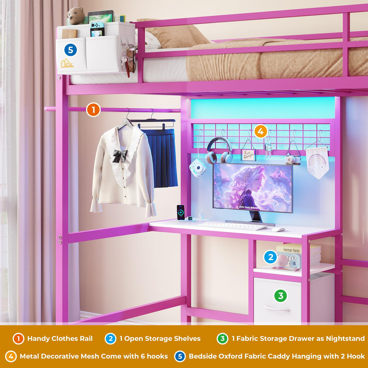 DICTAC Bunk Bed with Desk and Charging Station Metal Loft Bed Twin Size with Led Lights & Storage Shelves and Drawers L-Shaped Twin Over Twin Size Bunk Bed for Teen,Safety Guardrail and Ladder,Pink DICTAC