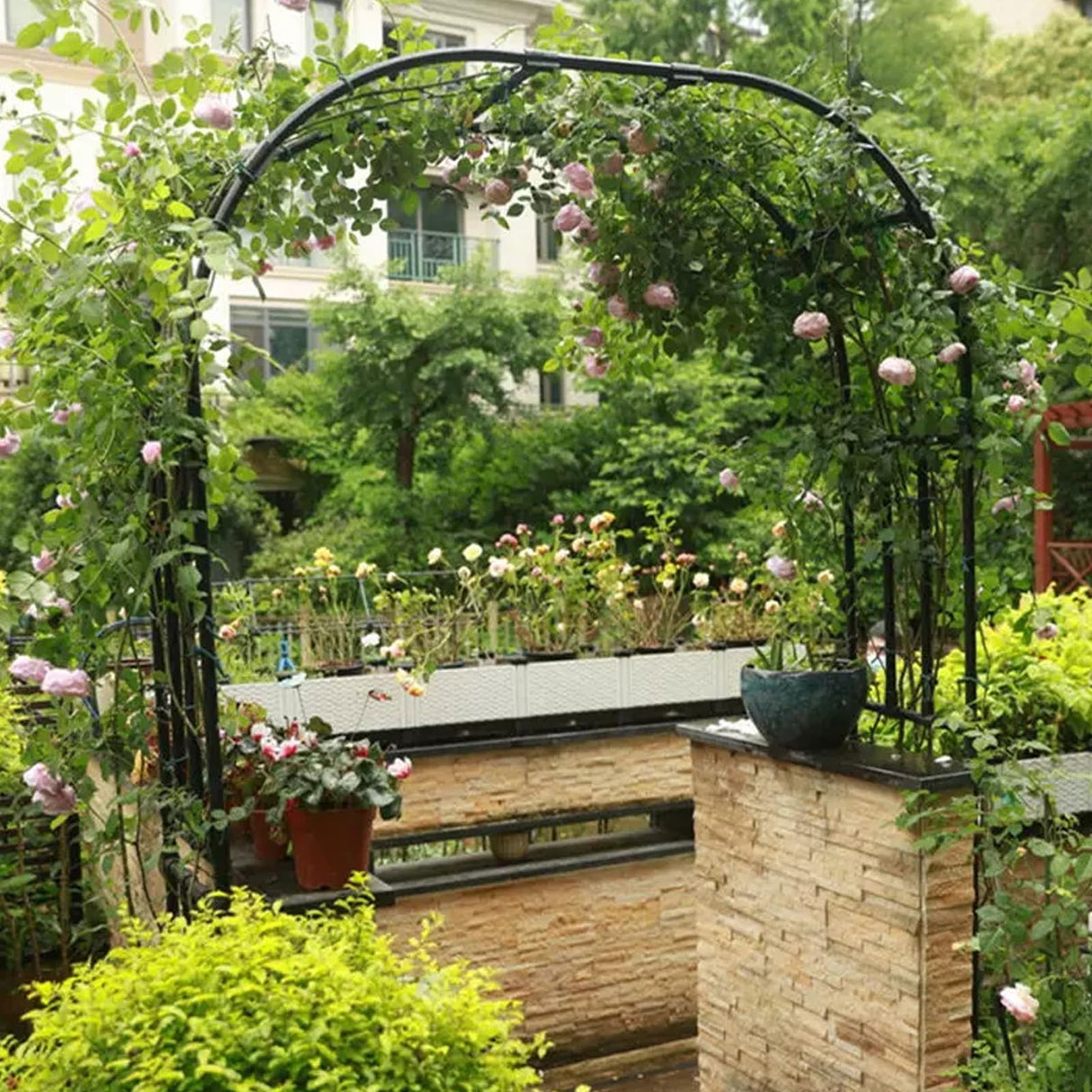 BUKLIYN Garden Arch Trellis - Length: 98.5in, Height: 94.5in Iron Garden Arch Arbor Trellis for Climbing Plants Outdoor - Garden Arch for Lawn, Party, Ceremony Wedding Decoration (Black) BUKLIYN