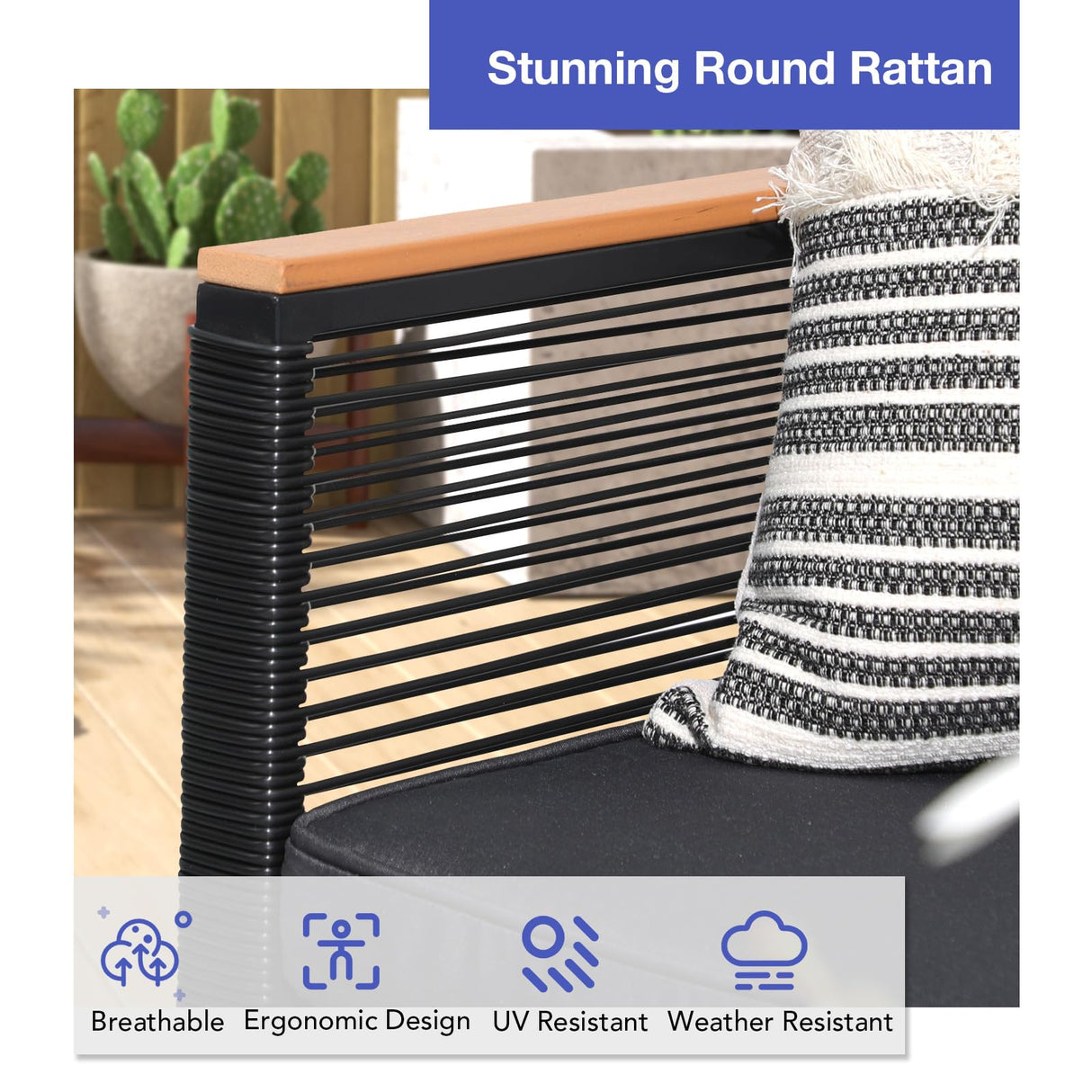 Patiorama 4 Piece Patio Furniture Set, Outdoor Wicker Bistro Set, All-Weather Black PE Rattan Conversation Set w/Coffee Table, Loveseat, Wood-Like Armrest, Cushions for Garden Balcony Deck, Dark Grey Patiorama