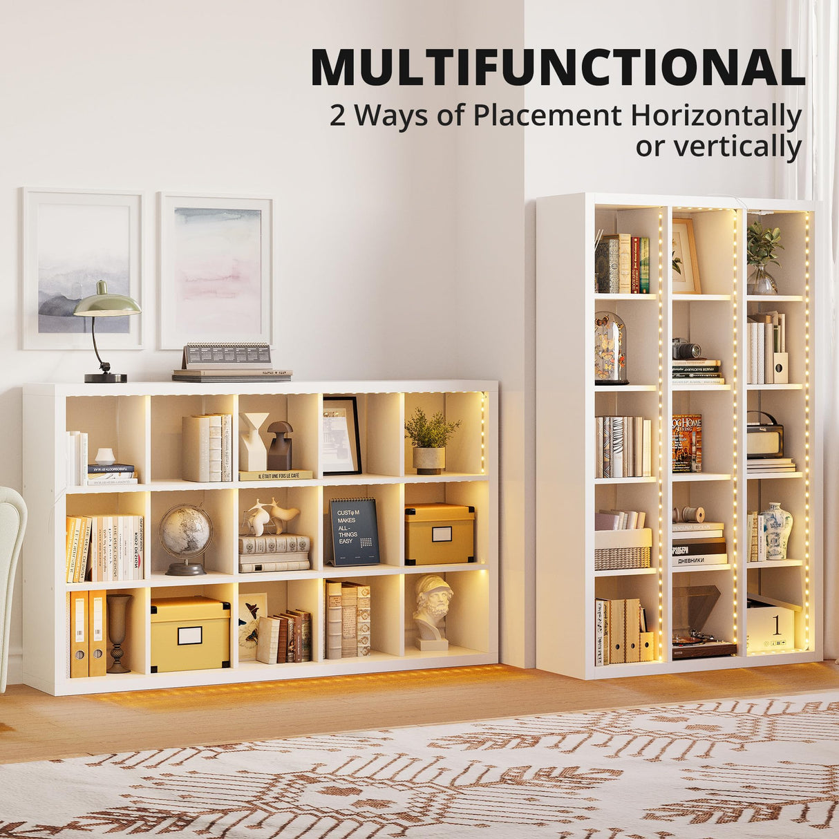 IRONCK 15 Cube Bookcase Storage Shelf Organizer with LED Lights, 5 Tier Bookshelves and Bookcases Display Shelves, Horizontally or Vertically Use, White IRONCK