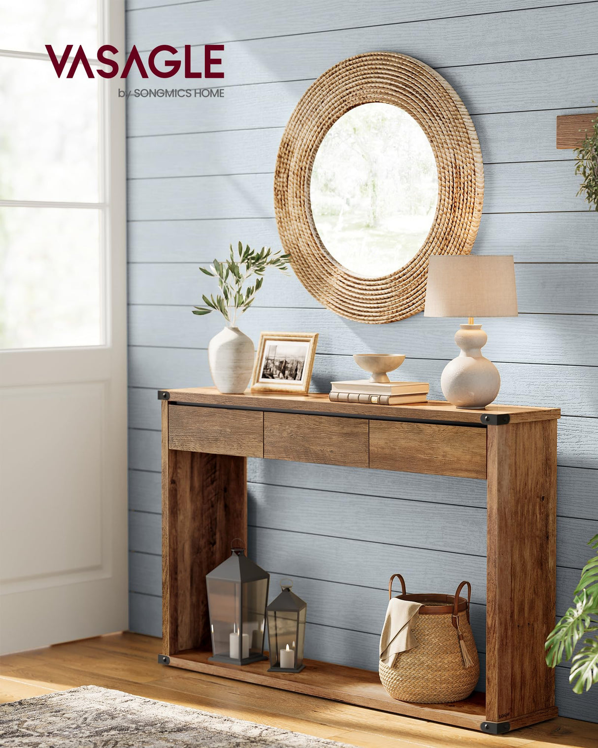 VASAGLE Sofa Console Table, 47.2 Inches Narrow Entryway Table with 3 Drawers, Bottom Shelf, Metal Corners, for Living Room, Bedroom, Farmhouse Style, Honey Brown ULNT143KB01S VASAGLE