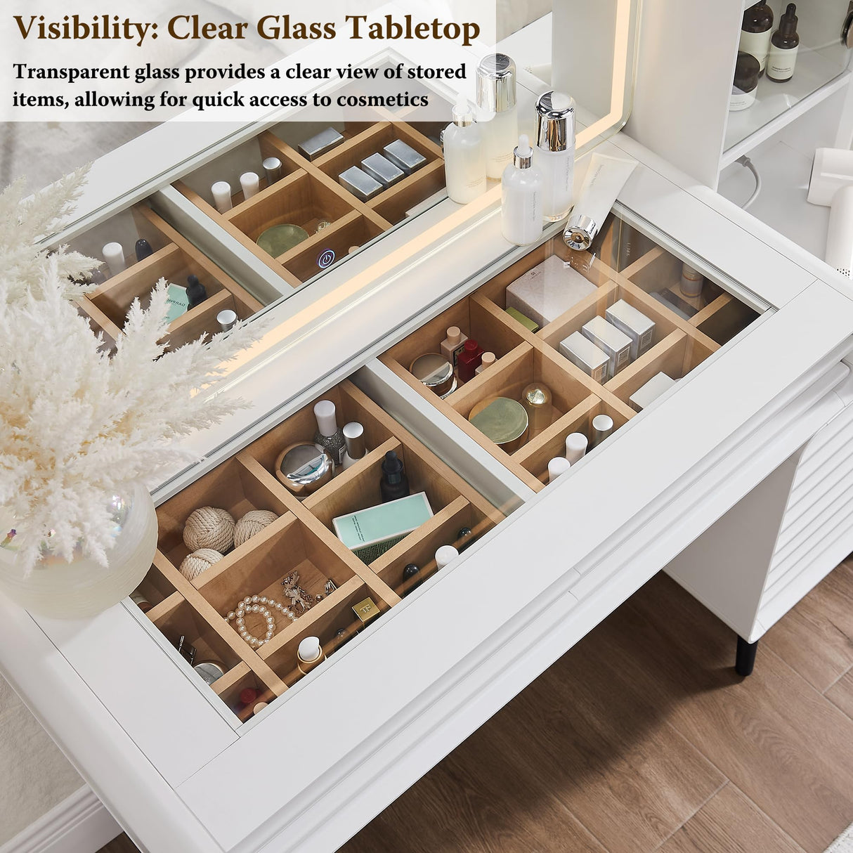 Fluted Makeup Vanity Desk with Large 35" HD Lighted Mirror, 48" Mid Century Modern Glass Top Vanity Table with 5 Drawers & Adjustable Shelf, Dressing Table w/Charging Station for Bedroom, Off White T4TREAM