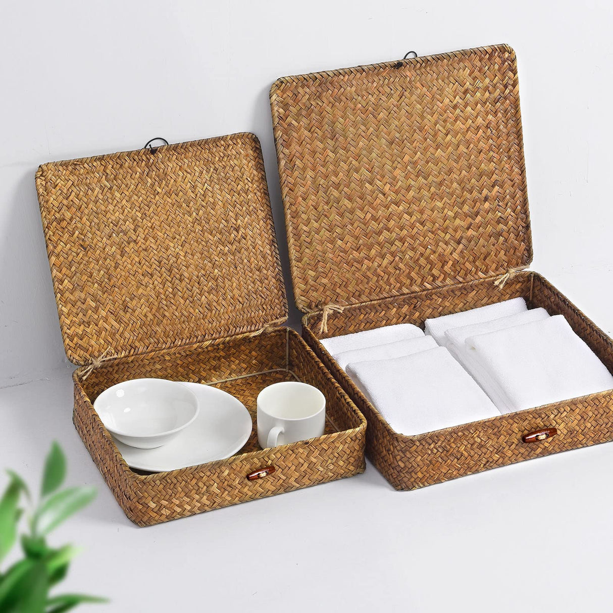 FOSSORH Set of 2 Flat Seagrass Storage Bins with Lid Wicker Storage Baskets for Organizing, Woven Shelf Organizer Bins Home Utility Organizer Box for Home & Office Supplies (Caramel) FOSSORH