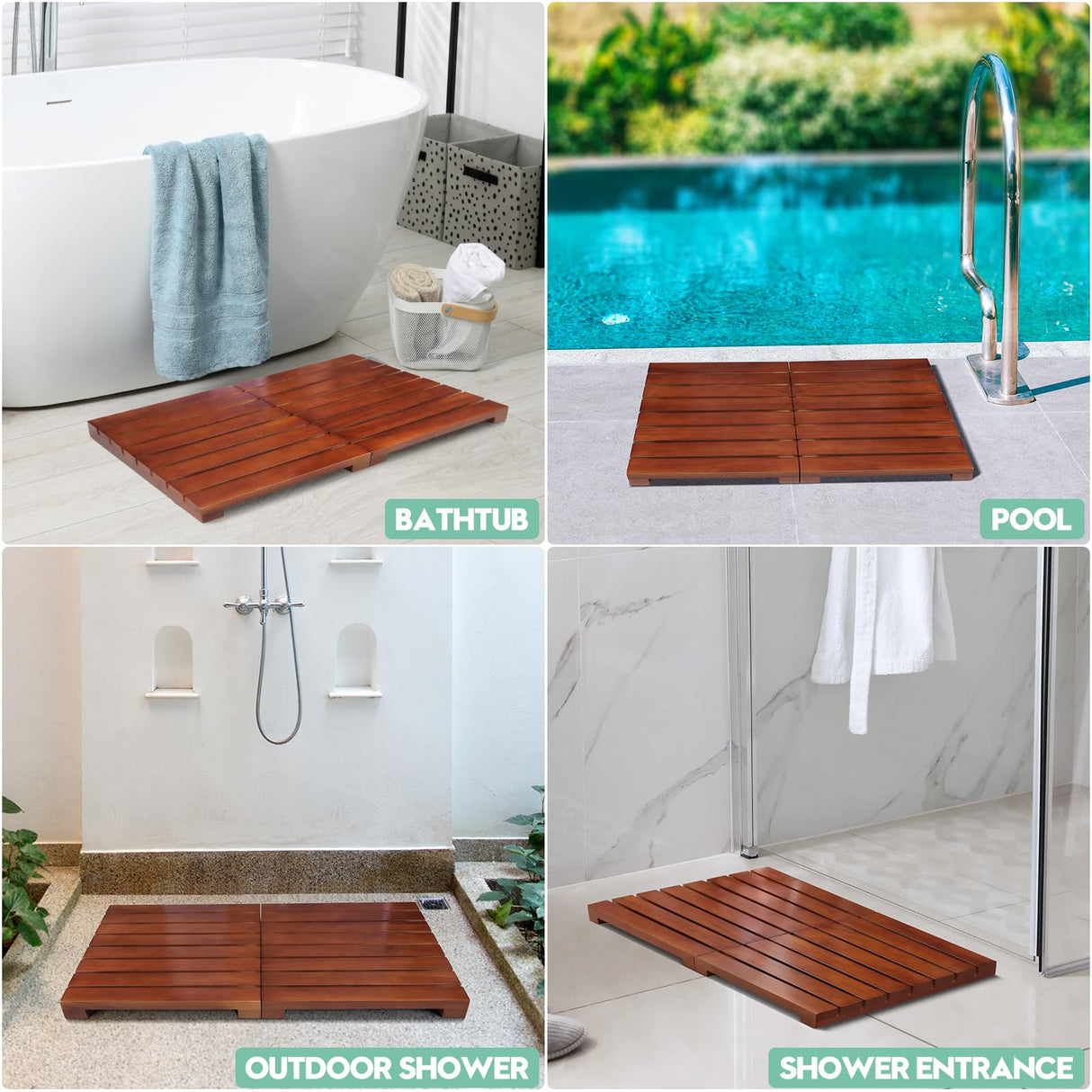Teak Shower Mat - Foldable Wood Bath Mat, Floor Mat for Bathtub, Door, Spa, Sauna, Pool, Ideal for Indoor Outdoor HONGJUNLEE