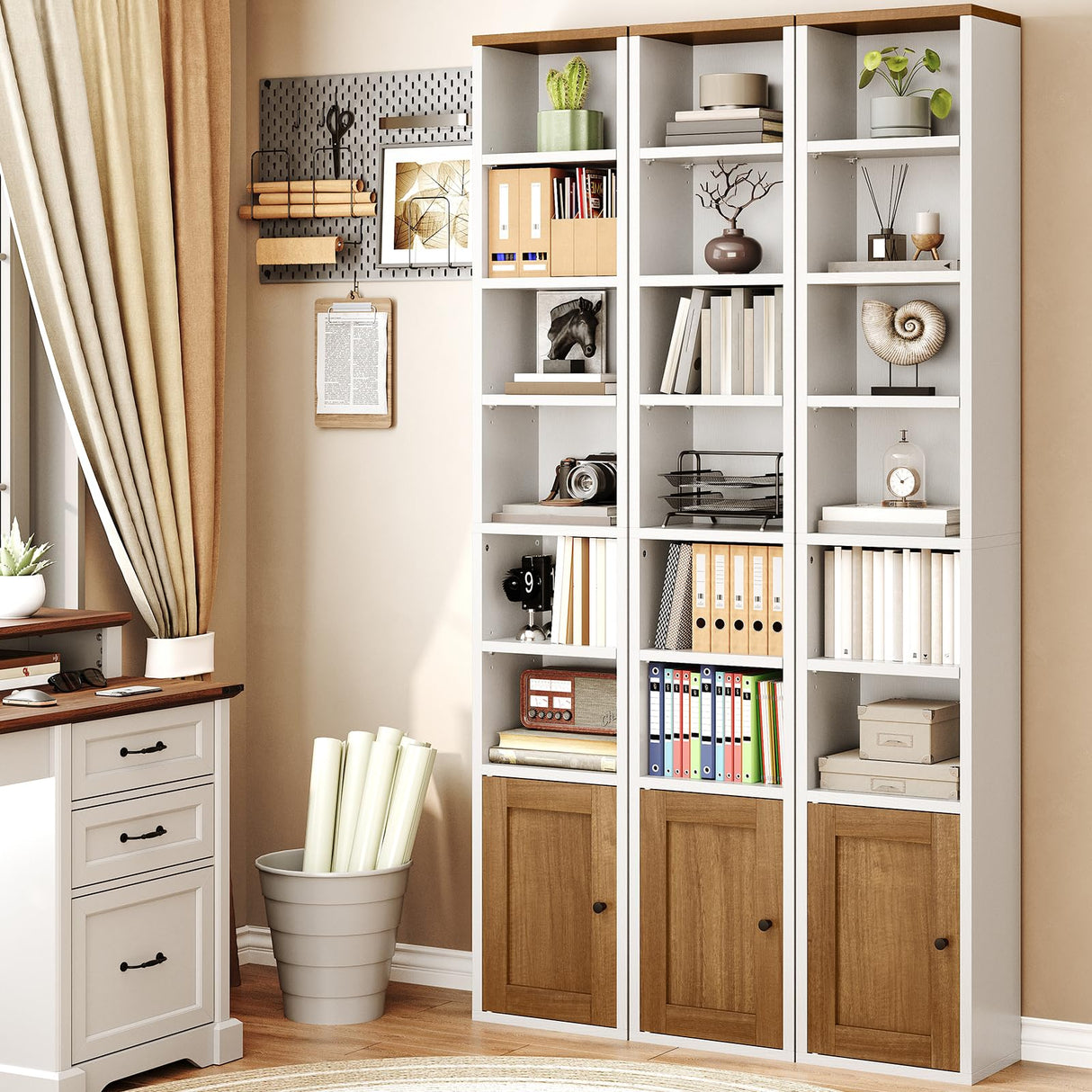 RALGEND 7-Tier Tall Narrow Bookshelf with Door Set of 2, 71 Inches CD DVD Slim Media Tower Rack with Storage Cabinet, Adjustable Shelves, Skinny Display Bookcase for Home Office, White and Walnut RALGEND