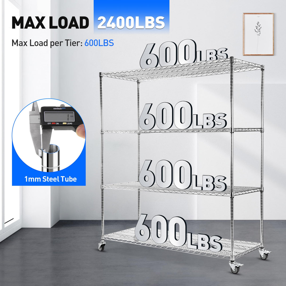 Rengue Wire Shelving with Wheels, 60"x 24"x72" Metal Storage Shelves, 4-Tier Heavy Duty Garage Storage Shelves, Chrome 2400LBS Capacity Wire Shelf Rack for Restaurant, Garage, Pantry, Kitchen Rengue