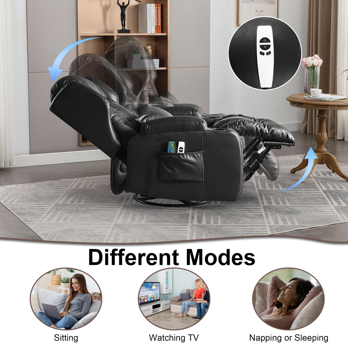 TUNYI Power Recliner Chair - Faux Leather Home Theater Seating Glider Reclining Sofa with Massage & Heat Swivel Rocker Recliner Chair for Living Room with LED Light/USB Port/Lumbar Pillow (Black) TUNYI