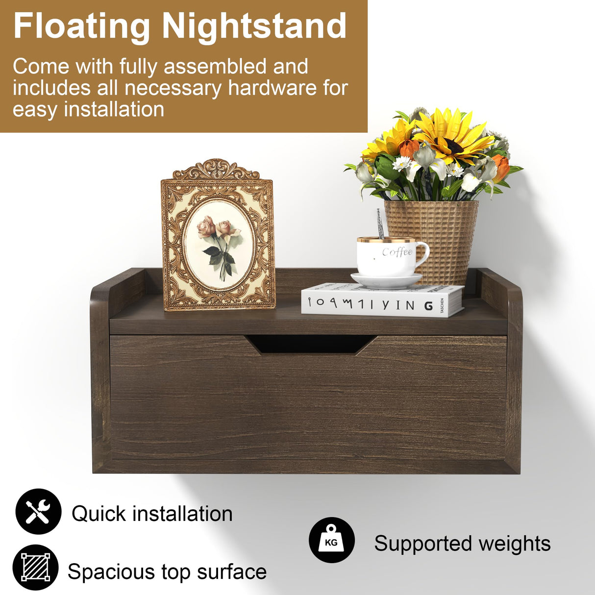 Floating Nightstand, Bedside Shelf Wall Mounted, Small Modern Floating Shelf Nightstand with Drawer, Floating Bedside Table Wall Shelf for Bedroom, Bathroom (Pine Wood) MVPSONAG