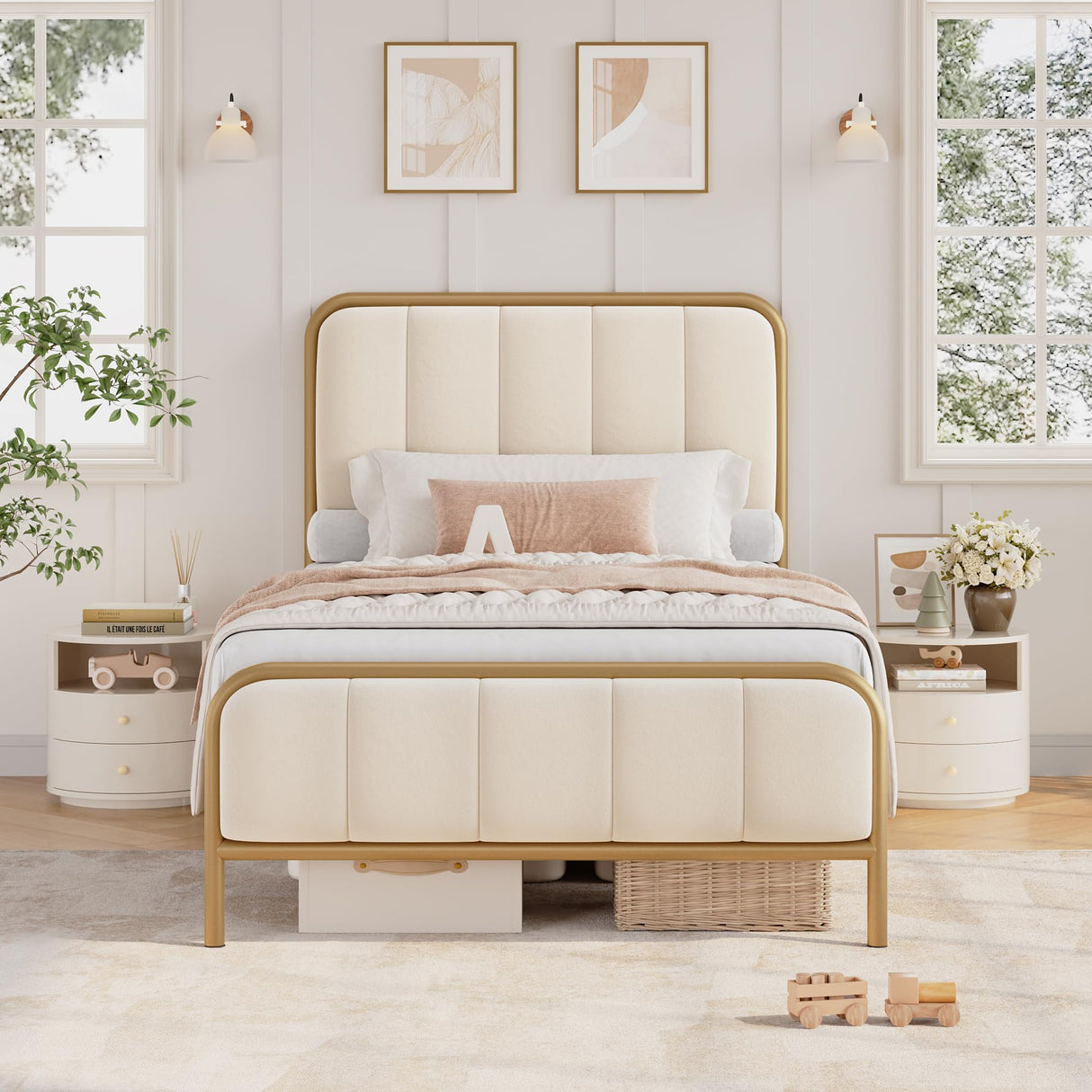 HITHOS Twin Size Bed Frame with Button Tufted Headboard, Upholstered Heavy Duty Metal Mattress Foundation with Wooden Slats, Easy Assembly, No Box Spring Needed (Golden/Off White, Twin) HITHOS