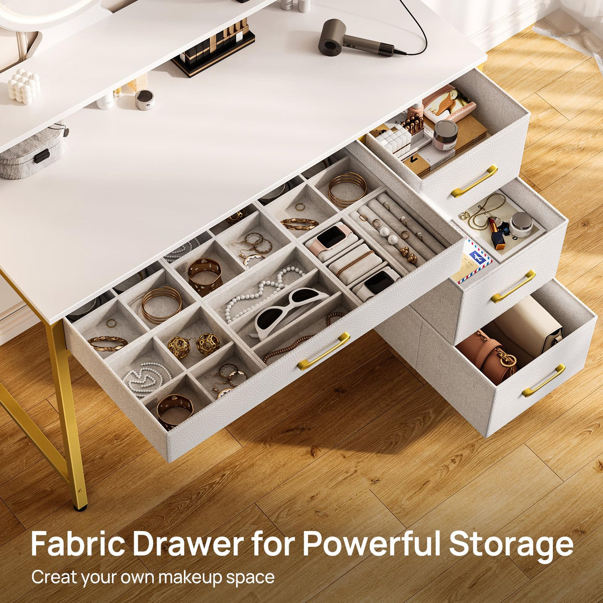 Seventable Vanity Desk with 4 Fabric Drawers, Vanity Table and Chair Set with Power Outlet & LED Strip, Makeup Table with 3 Adjustable Lighting Modes, White Gold Seventable