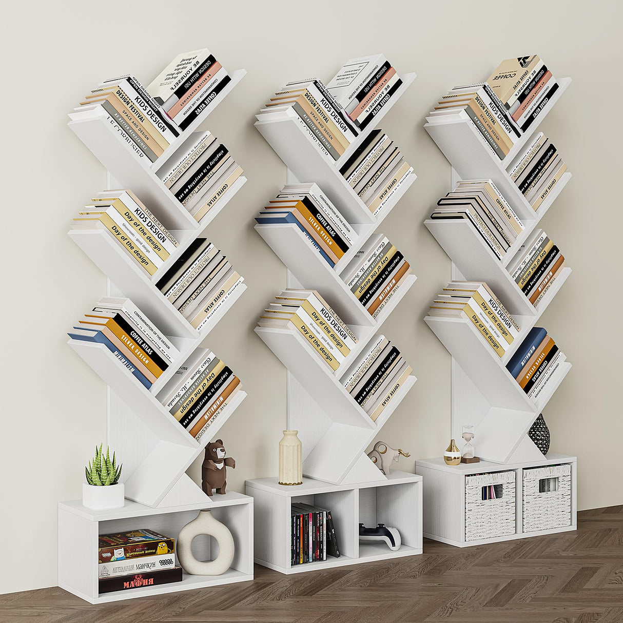 Vagusicc Tree Bookshelf, 6 Tier Bookshelf with Storage, Tall Narrow Bookcase, Rustic Wood Book Storage Rack for CDs/Books, Small Book Organizer Shelves for Bedroom, Living Room, Home Office, White Vagusicc