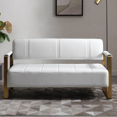 PBOGHLRD 57.9" Modern Leather Loveseat Sofa, Upholstery Faux Bonded Leather Accent Futon Couch with Metal Square Arms for Living Room, Office, Apartment (White)