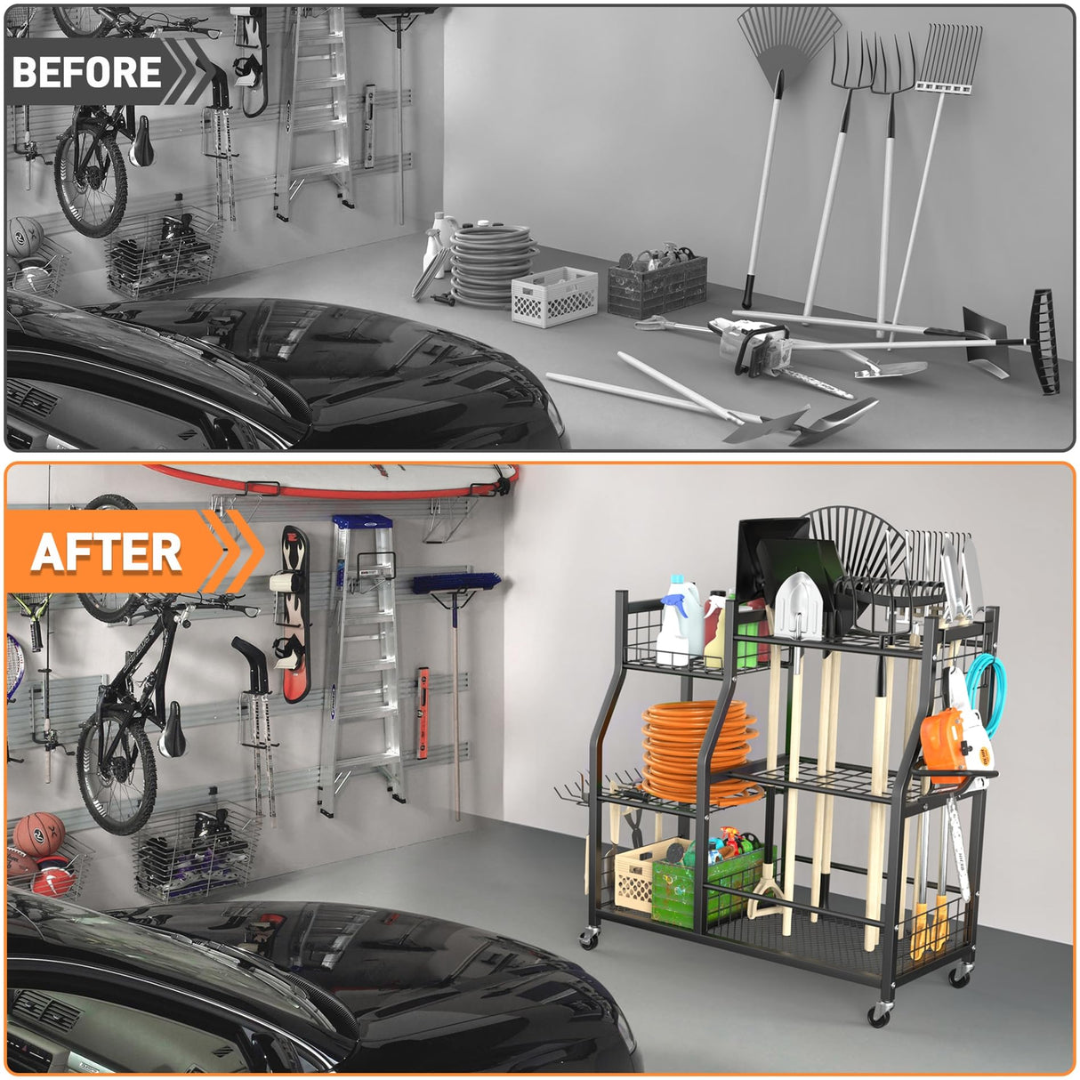 TORACK Garden Tool Organizer with Wheels, Rakes Shovels Yard Tools Stand for Garage, Shed, Garden, Indoor/Outdoor Long-Handled Tools Cart TORACK