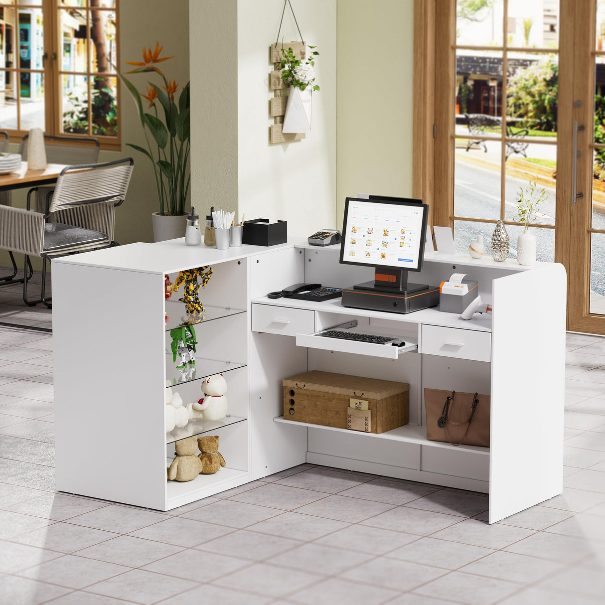 PAKASEPT Reception Desk with Counter for Retail & Checkout,Modern Front Reception Counter with Drawers & Open Shelves,L-Shaped Retail Counter with Storage for Countertop,Beauty Salon,Shop,Bar,White PAKASEPT