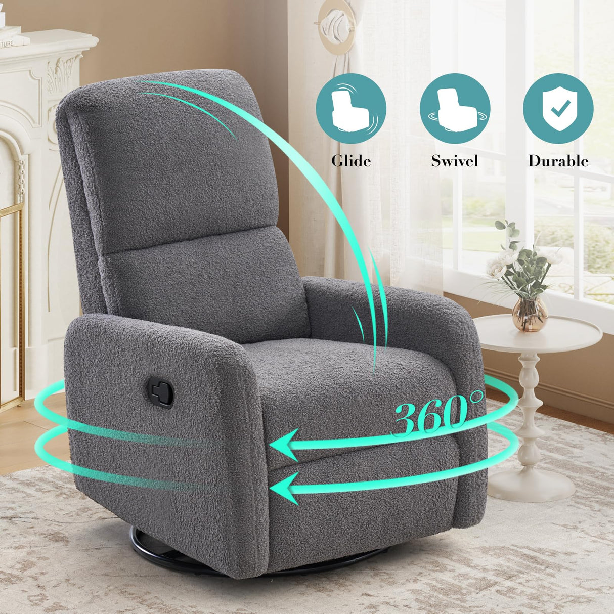 Jocisland Swivel Glider Rocking Recliner Chair for Adults, Nursery Rocker Reclining, Comfy Upholstered Single Sofa Armchair for Living Room Bedroom Nursing, Teddy Gray Jocisland