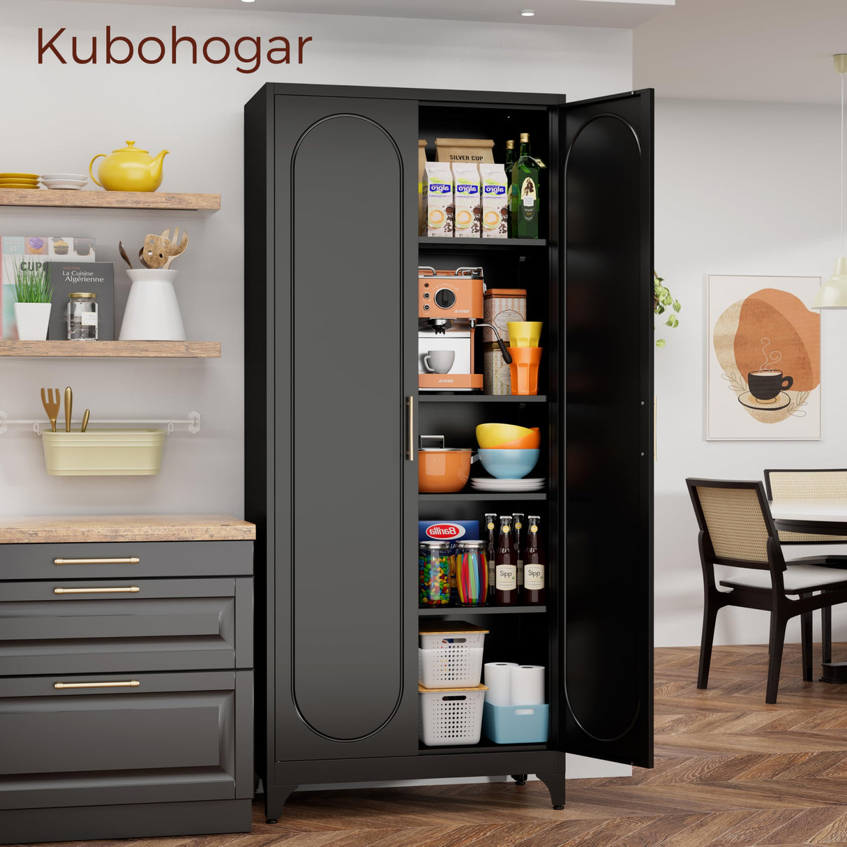 Kubohogar 75" Tall Kitchen Pantry Cabinet with 2 Doors and 4 Adjustable Shelves, Black Metal Storage Cabinets, Kitchen Cupboard for Dinning Living Room, Bathroom, Home Office Kubohogar