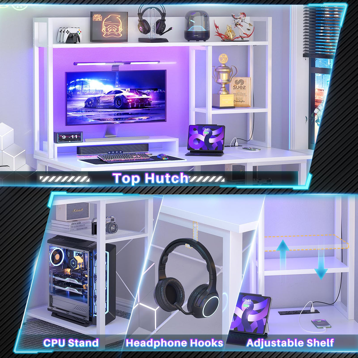 Cyclysio Gaming Desk with Hutch, 39'' Computer Desk with LED Lights & Power Outlets, Home Office Desk with Reversible 5 Tiers Storage Shelves & Monitor Stand, Small Gaming Table for Small Space, White Cyclysio