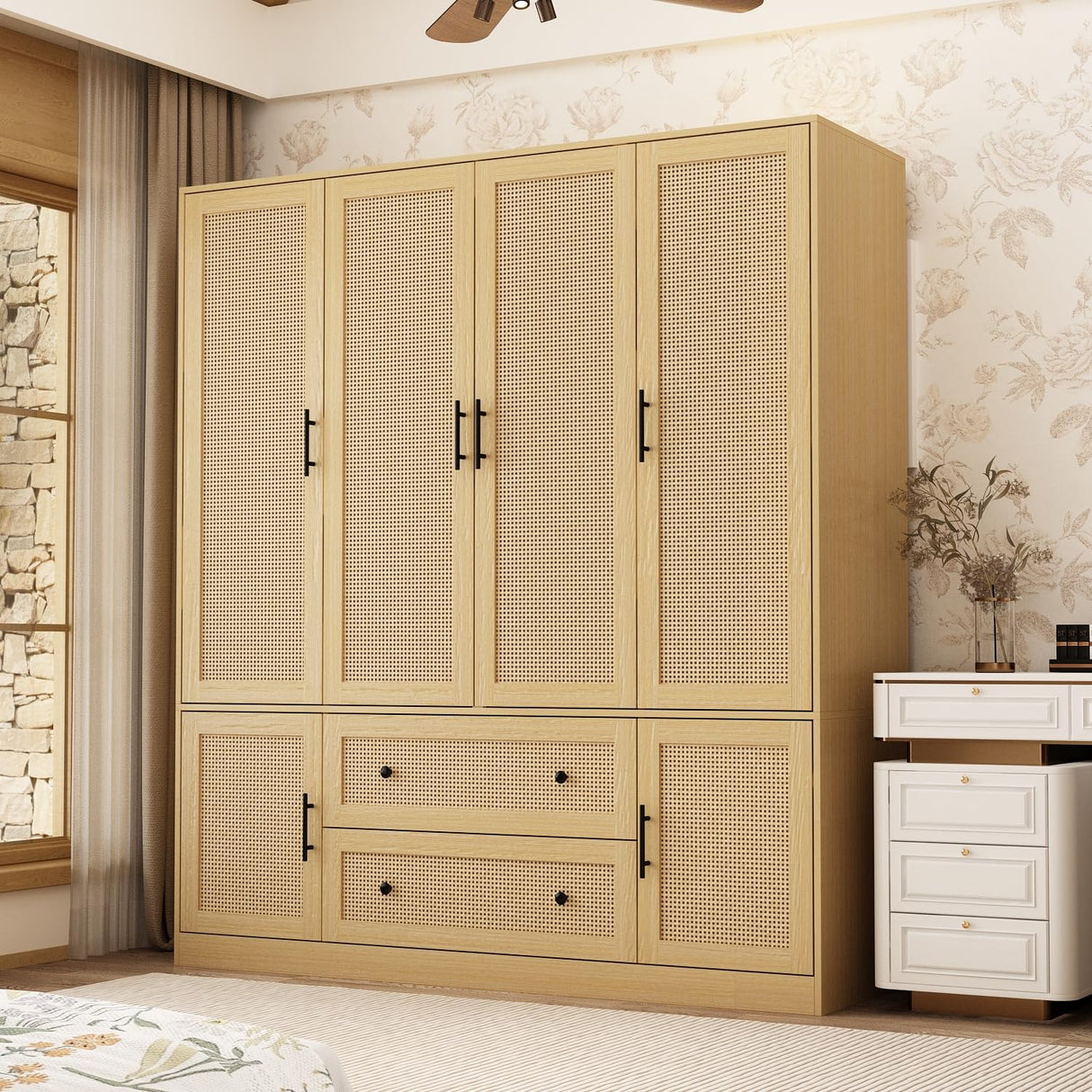 Homsee 6-Door Wardrobe Armoire Closet, Large Bedroom Cabinet Armoire with Rattan Doors, 2 Drawers, Hanging Bars & 7 Shelves, Light Brown Homsee