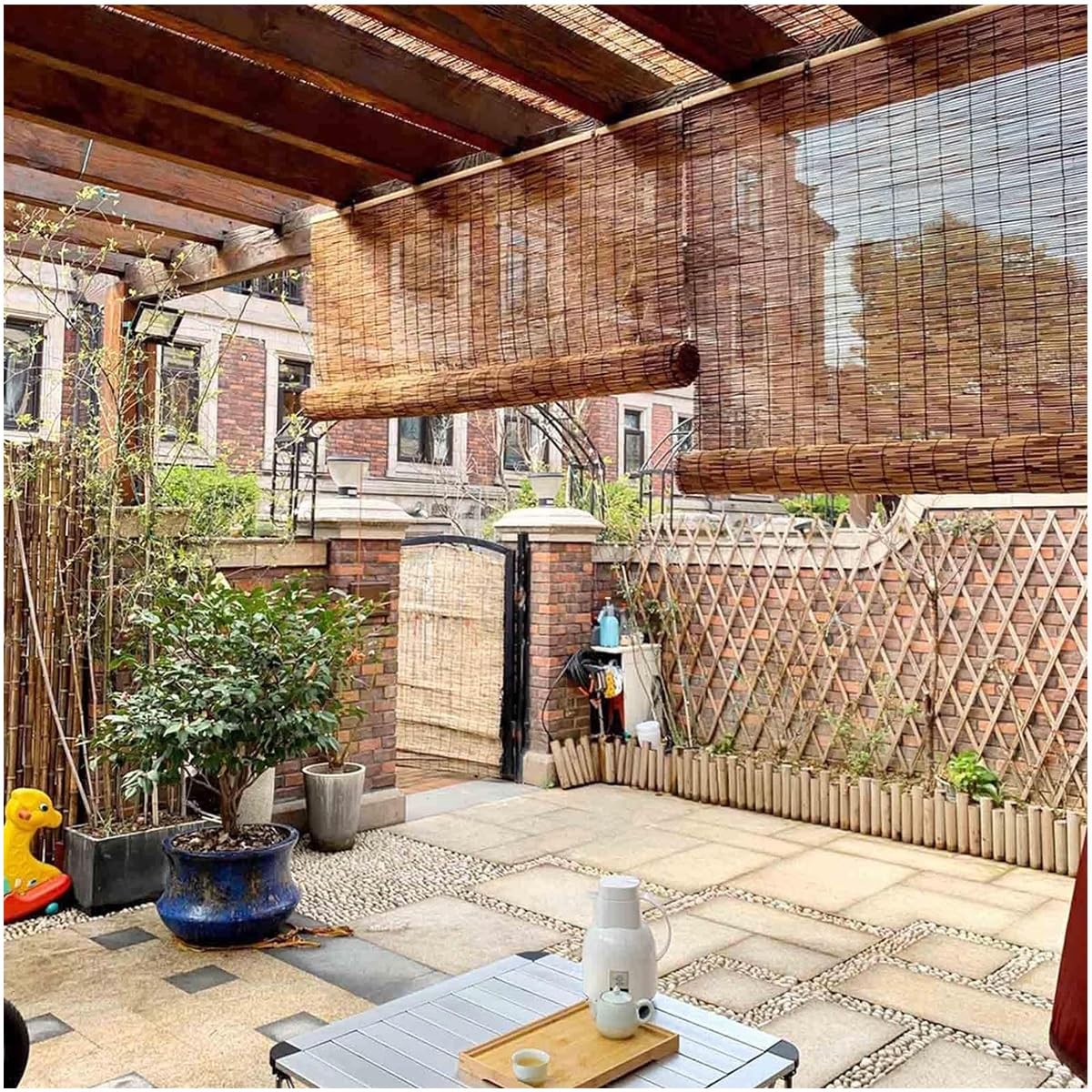 Cordless Bamboo Blackout Blinds for 20-75in Wide Windows Shades, 48-84in Length, Outdoor Bamboo Roller Blinds for Porch or Patio Sun Shades Privacy Protection Roll Up Shades(31x64in(WxH)) ZFSYMGYL