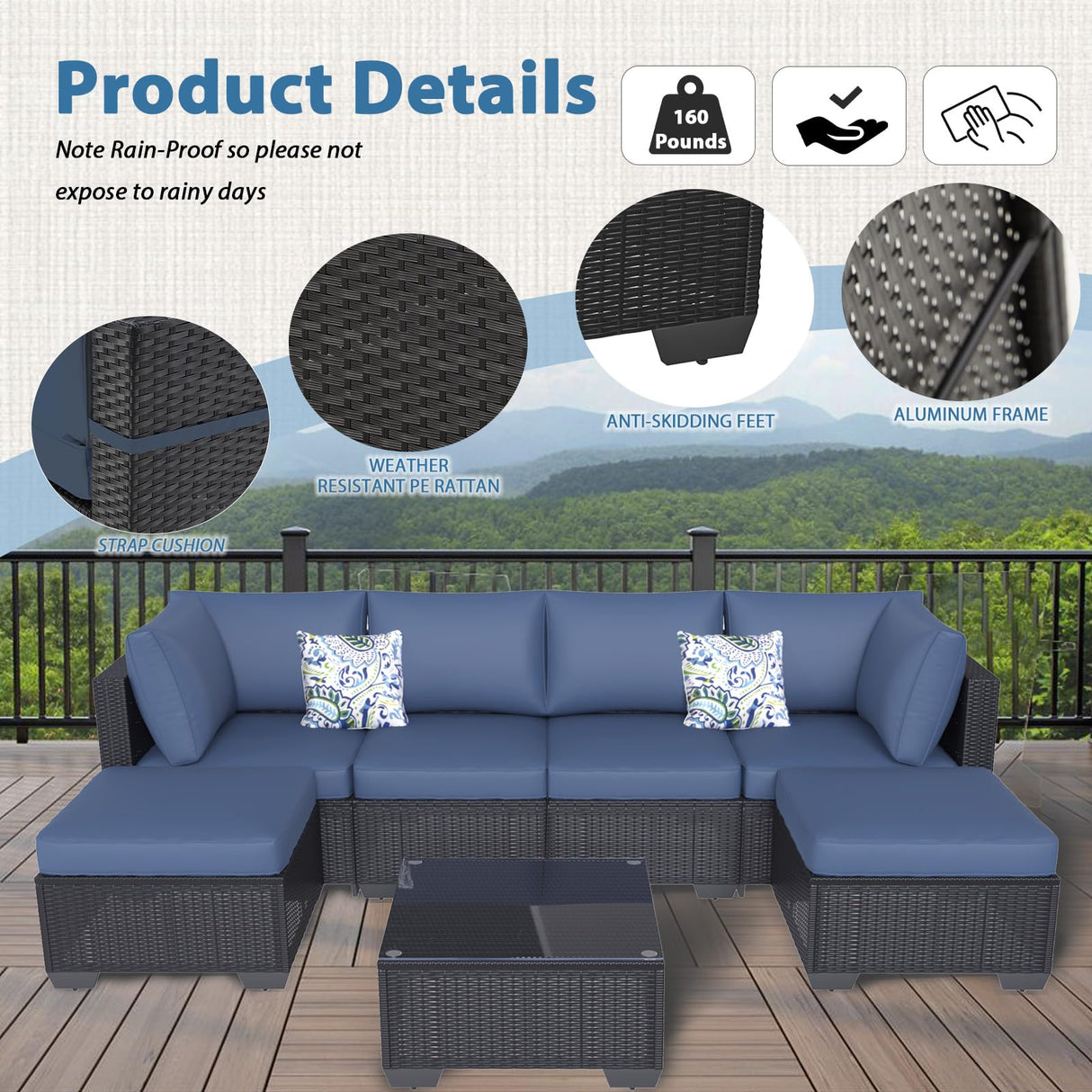 AECOJOY 7 Piece Outdoor Patio Furniture Set, Outdoor Sectional Conversation Furniture Chair with Coffee Table, Patio Sectional for Backyard, Garden(Navy Cushions and Black Rattan) AECOJOY