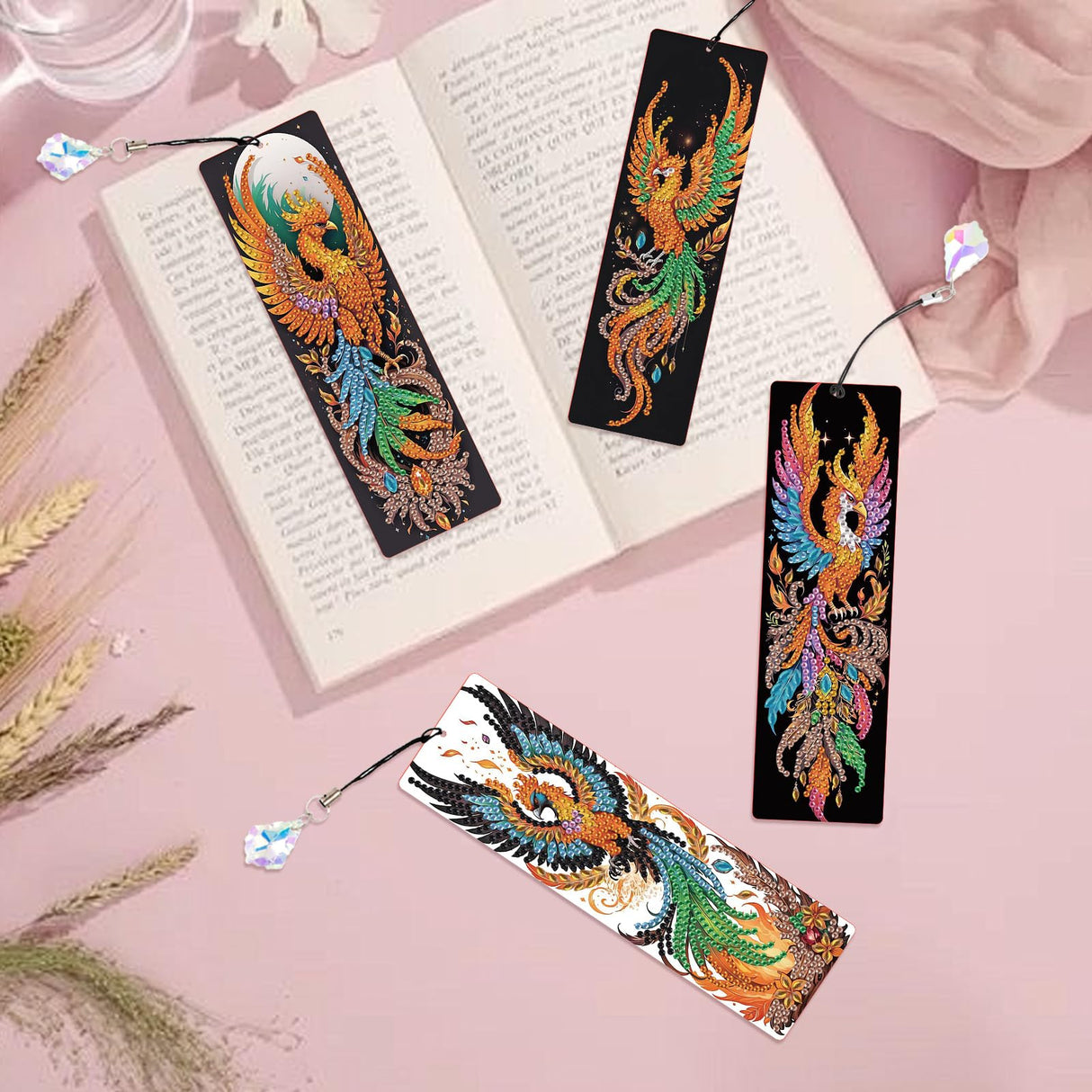 4 Pack Diamond Painting Bookmark Kits of Phoenix, Special Shaped Diamond Art Bookmarks with Pendant, DIY Handmade Crafts Home Office Supplies Reading Bookmark, Perfect Gift for Book Lovers Focart