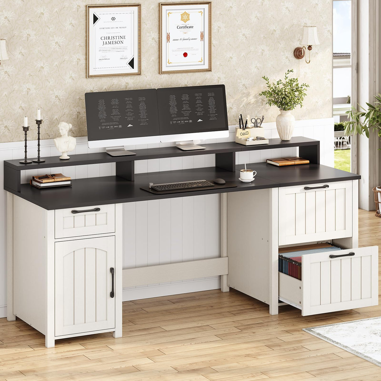 SEDETA Farmhouse 63" Executive Desk, Wood Computer Desk with Drawers and Storage Cabinet, Home Office Desk with File Drawer and Monitor Stand, Wood Desk for Work Study Writing, White SEDETA