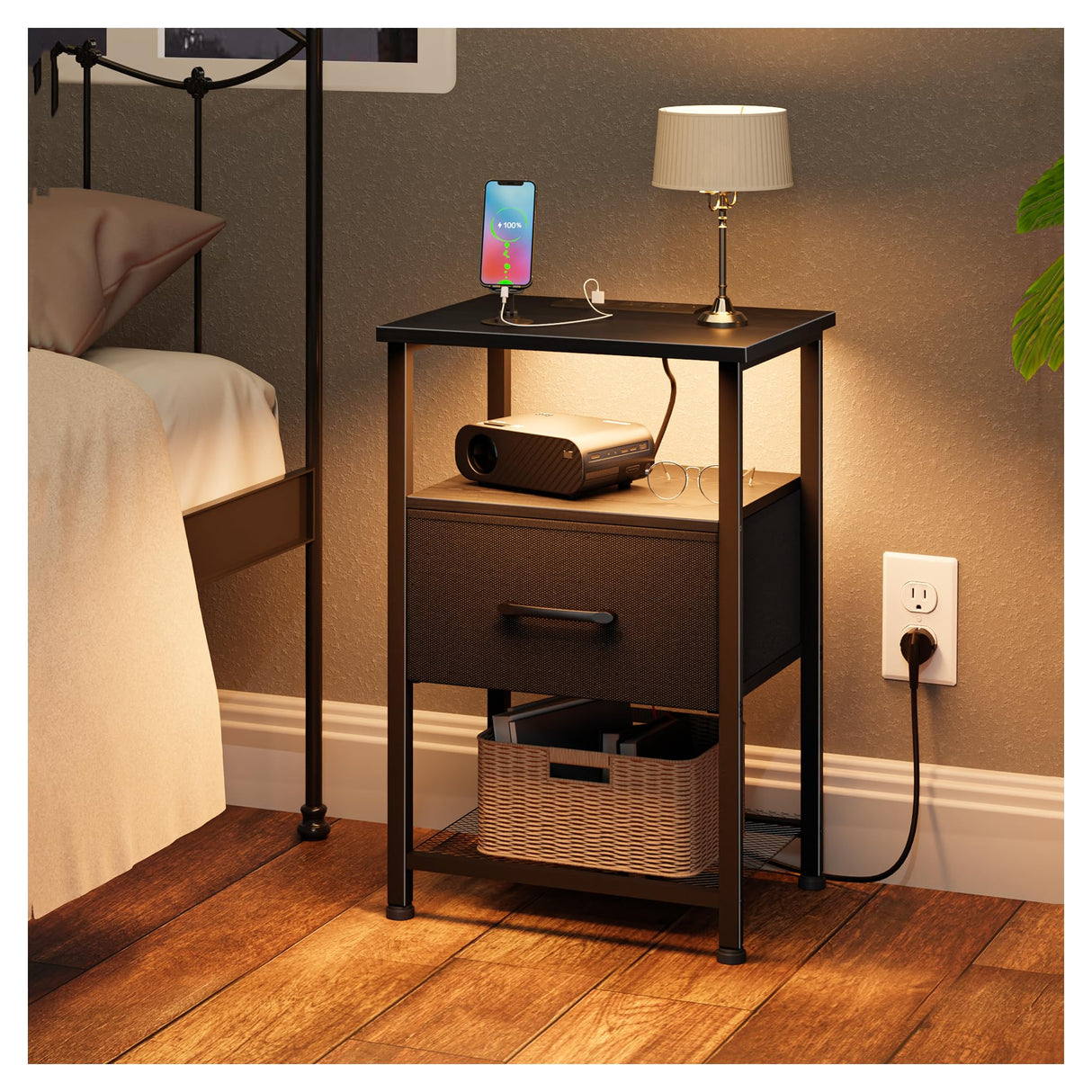 LAKEMID Nightstand with Charging Station and Drawer, End Table Bedside Table with 20 Colors LED Light Strip and 2 Layers Shelf for Bedroom Living Room Sofa Couch, Black LAKEMID