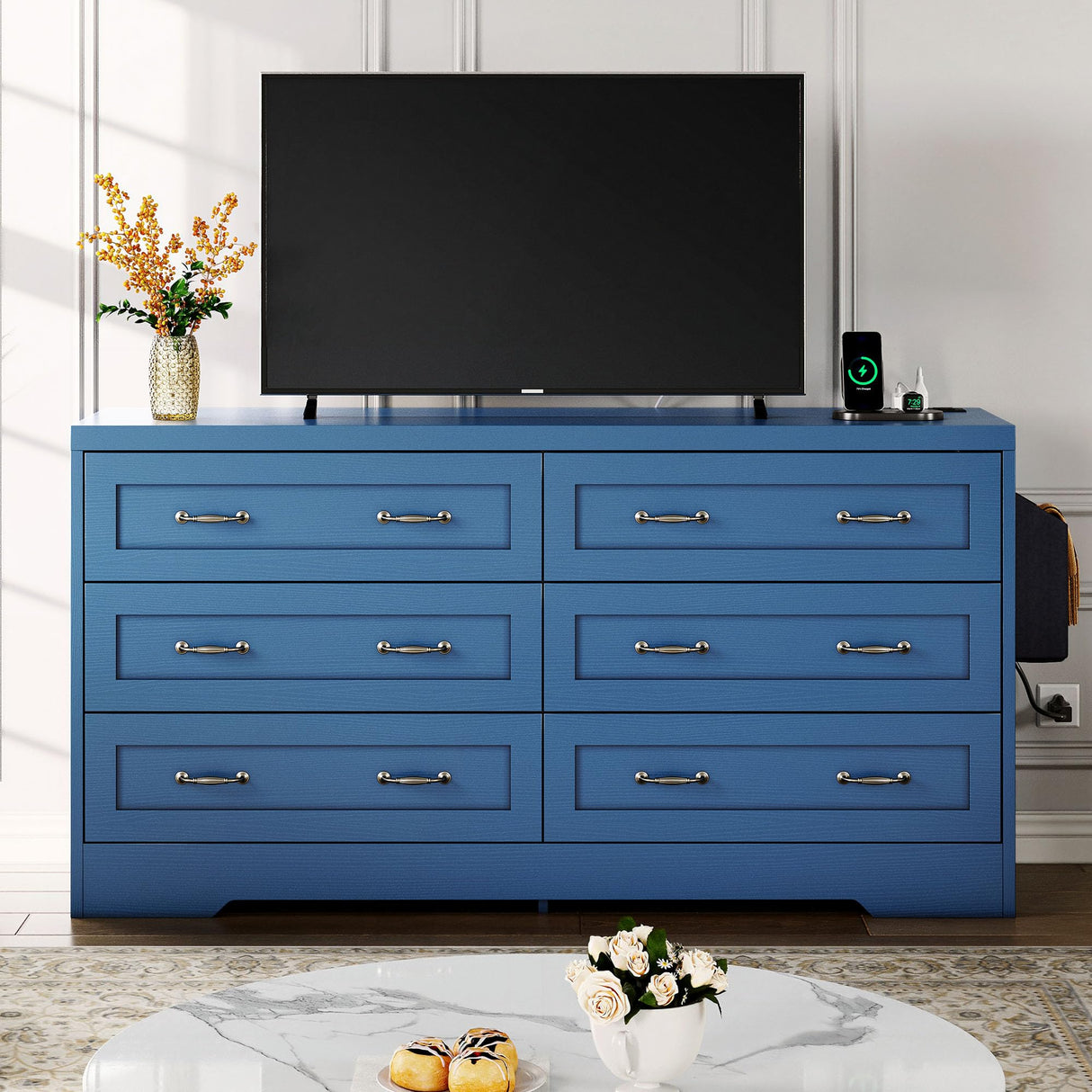 DWVO Farmhouse 6 Drawer Dresser for Bedroom, 31.5 Inch Tall Modern Dresser TV Stand with Large Drawers & Bar Handles, Storage Dressers with Power Outlets, Rustic Wood Chest of Drawers, Blue DWVO