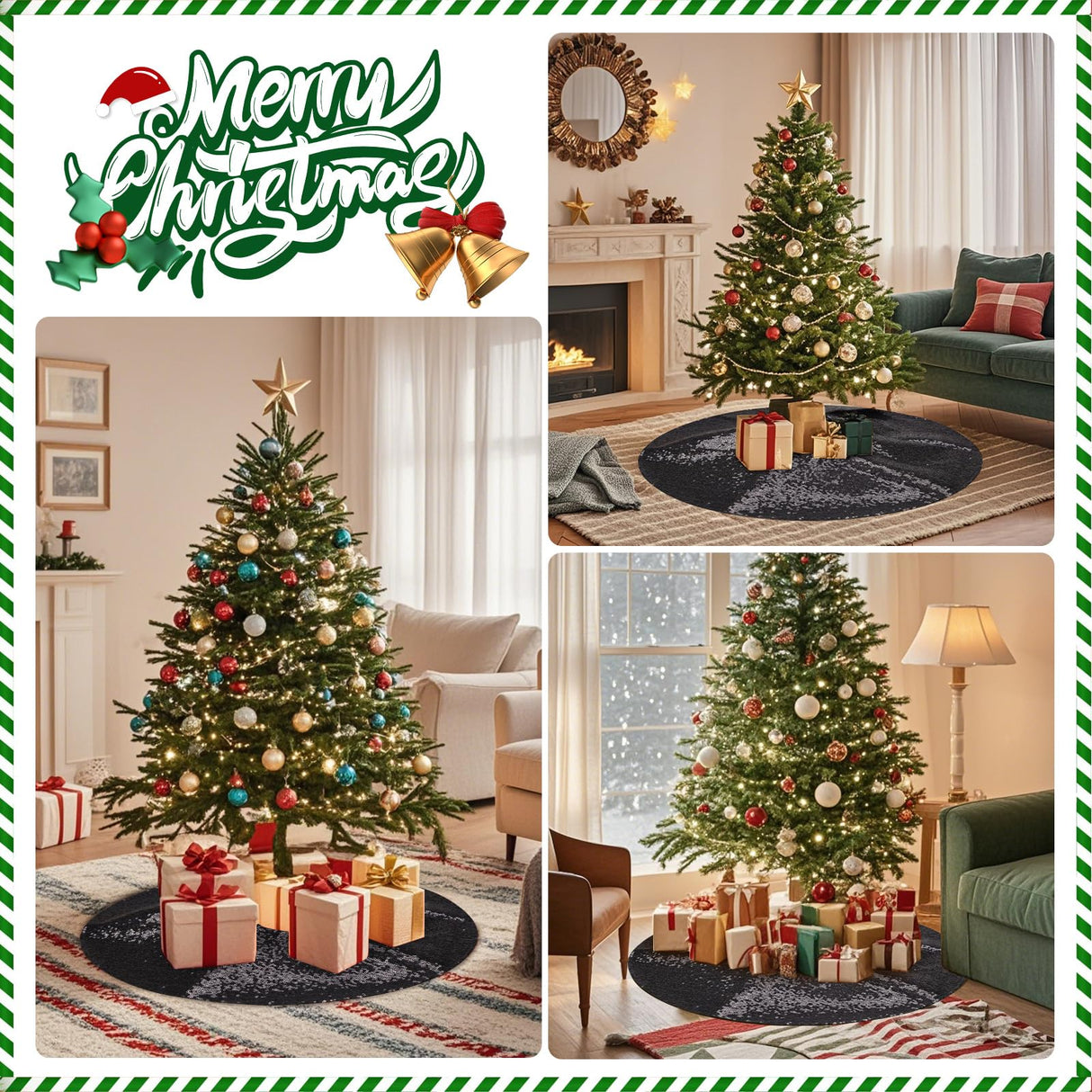 MACTING Christmas Tree Skirt 30 Inch Small Black Glitter Sequin Tree Mat Sparkly Tree Base Cover for Farmhouse Holiday Party Indoor Home New Year Xmas Tree Decorations MACTING