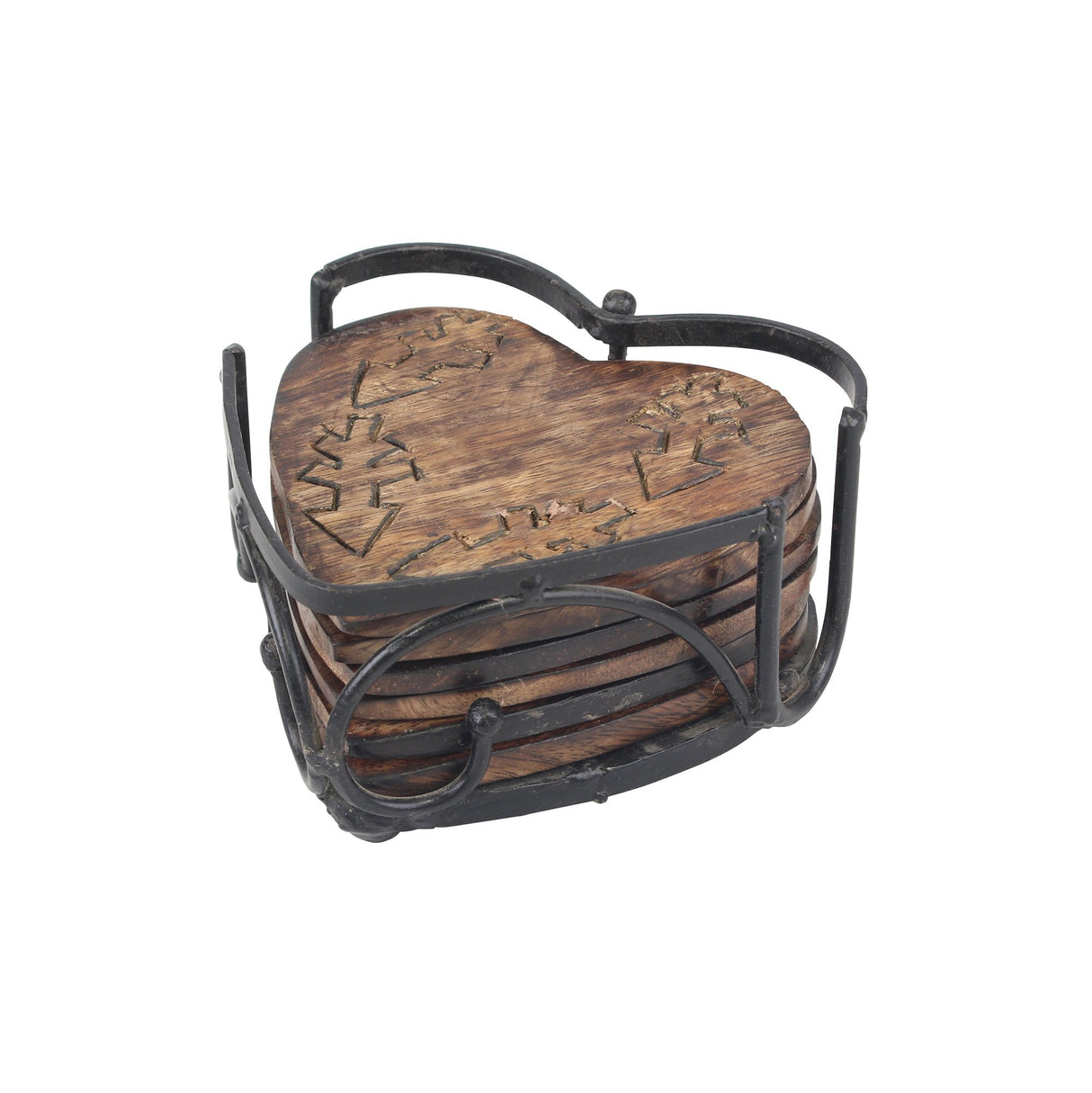 Stonebriar Rustic Wooden Heart Shape Coaster Set with Metal Holder, Set of 6, Brown, 7 Piece Stonebriar