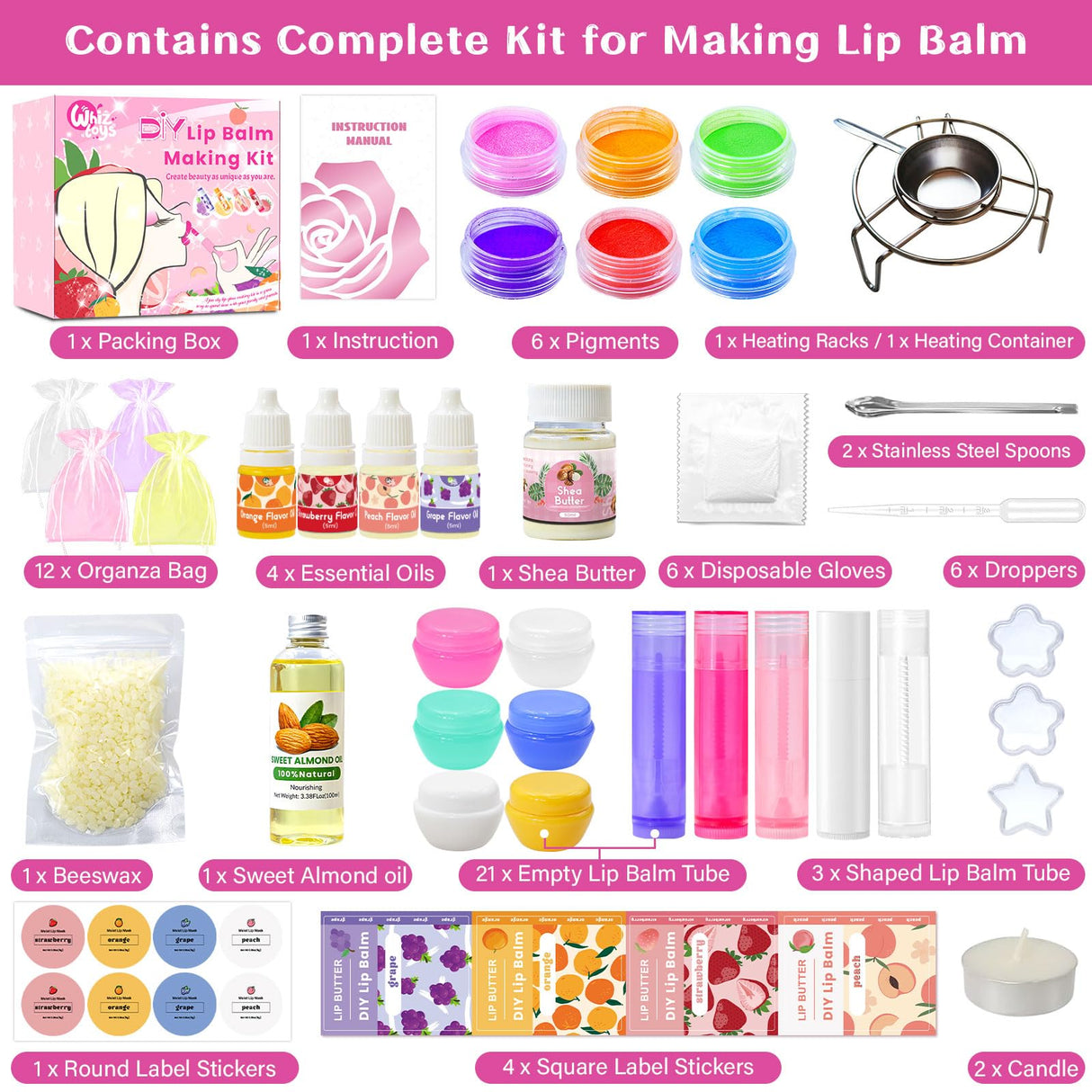 WhizToys DIY Lip Balm Making Kit Teen Girl Gifts Trendy Stuff Make Your Own Lip Gloss Set with Natural Beeswax, Shea Butter,Sweet Almond Oil,24 PCS Lip Blam Containers WhizToys